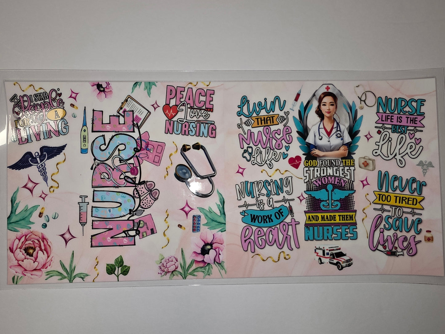 Nurse Life Tumbler Wrap | Pink Floral & Medical Icons | "Nurse Life" & "Save Lives" Designs