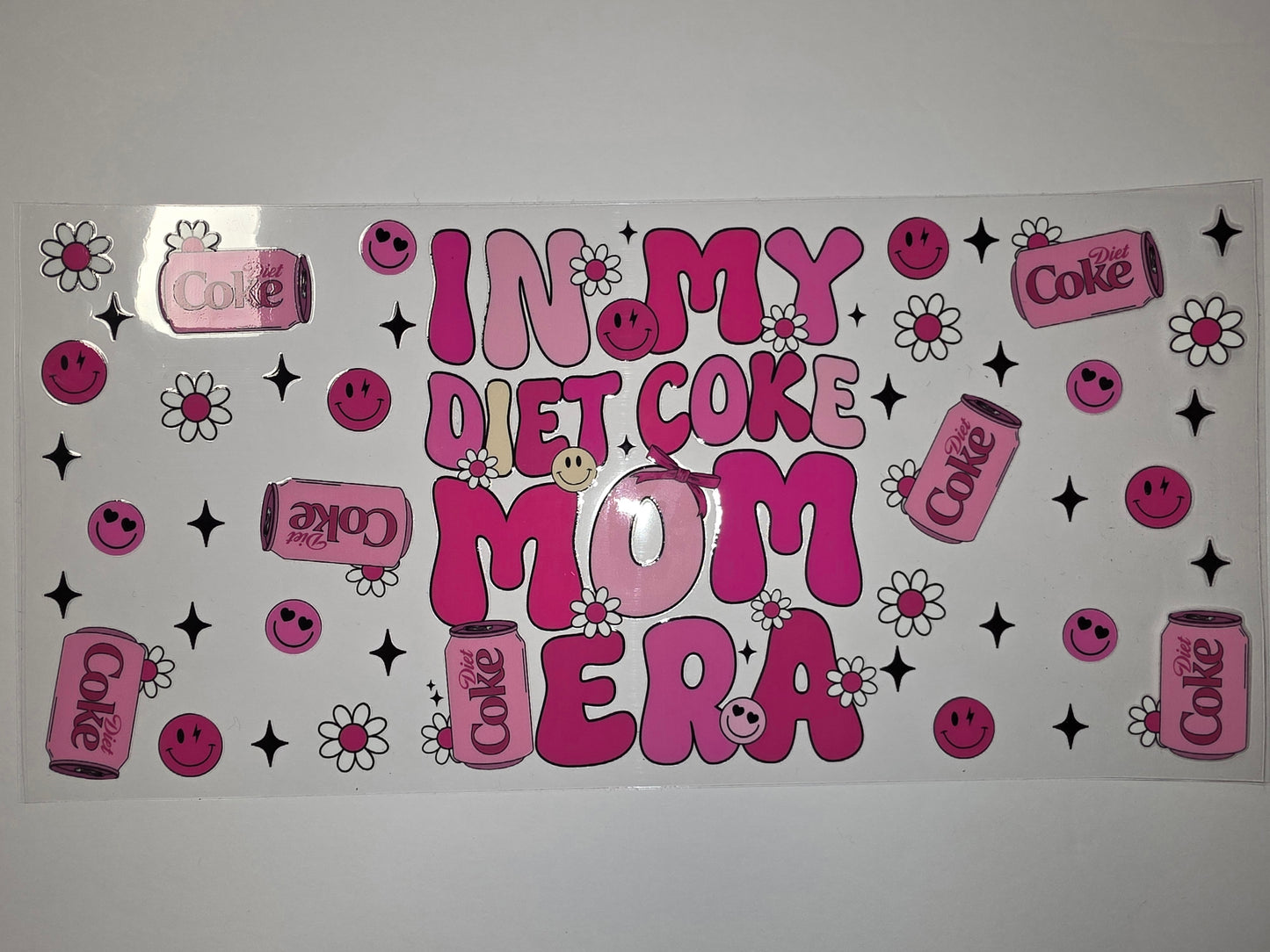 Retro Pink Diet Coke Mom Era Tumbler Wrap | Groovy Smiley Flower Design