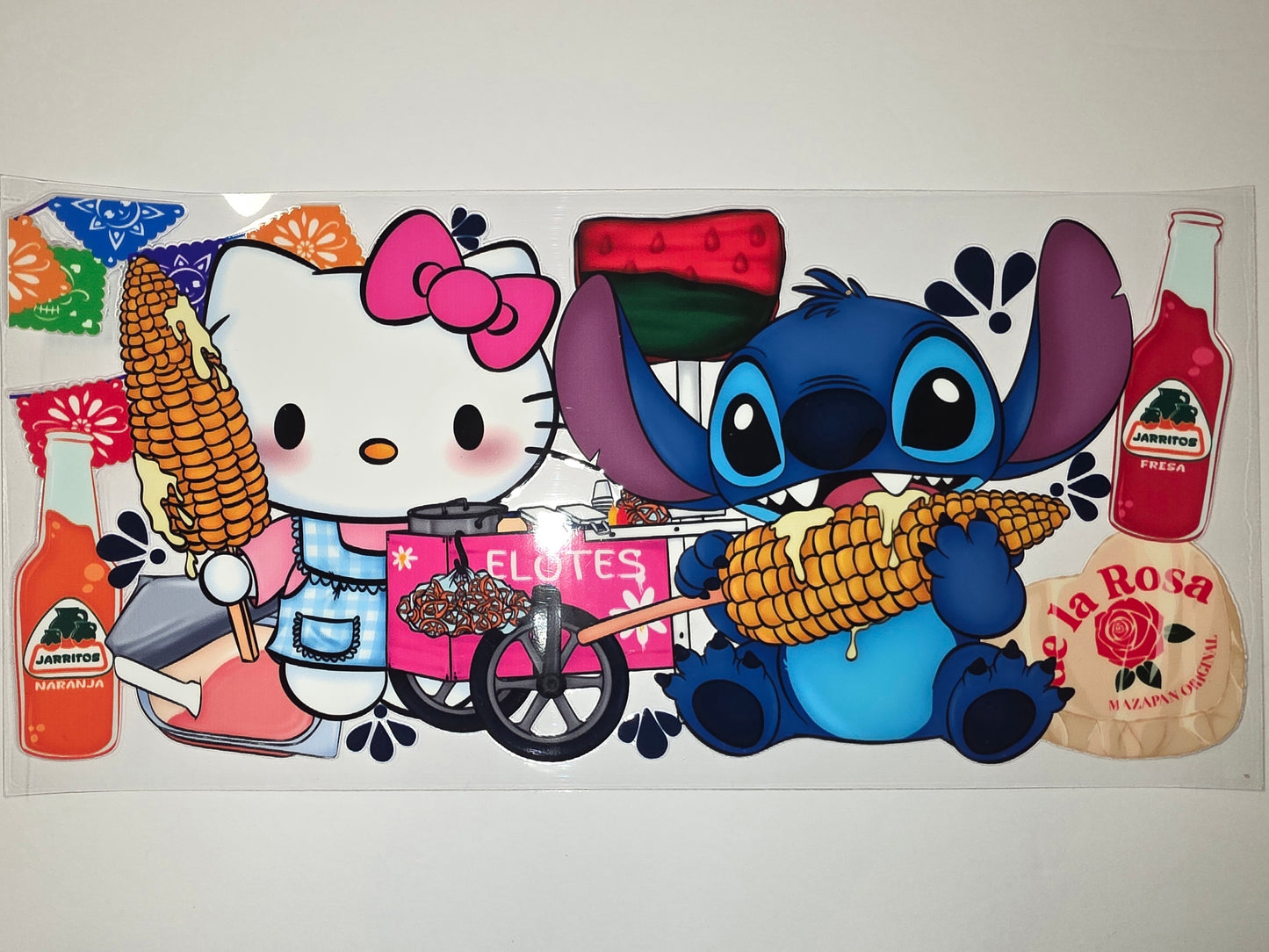 Hello Kitty & Stitch Elotes Jarritos Tumbler Wrap | Mexican Street Food Design