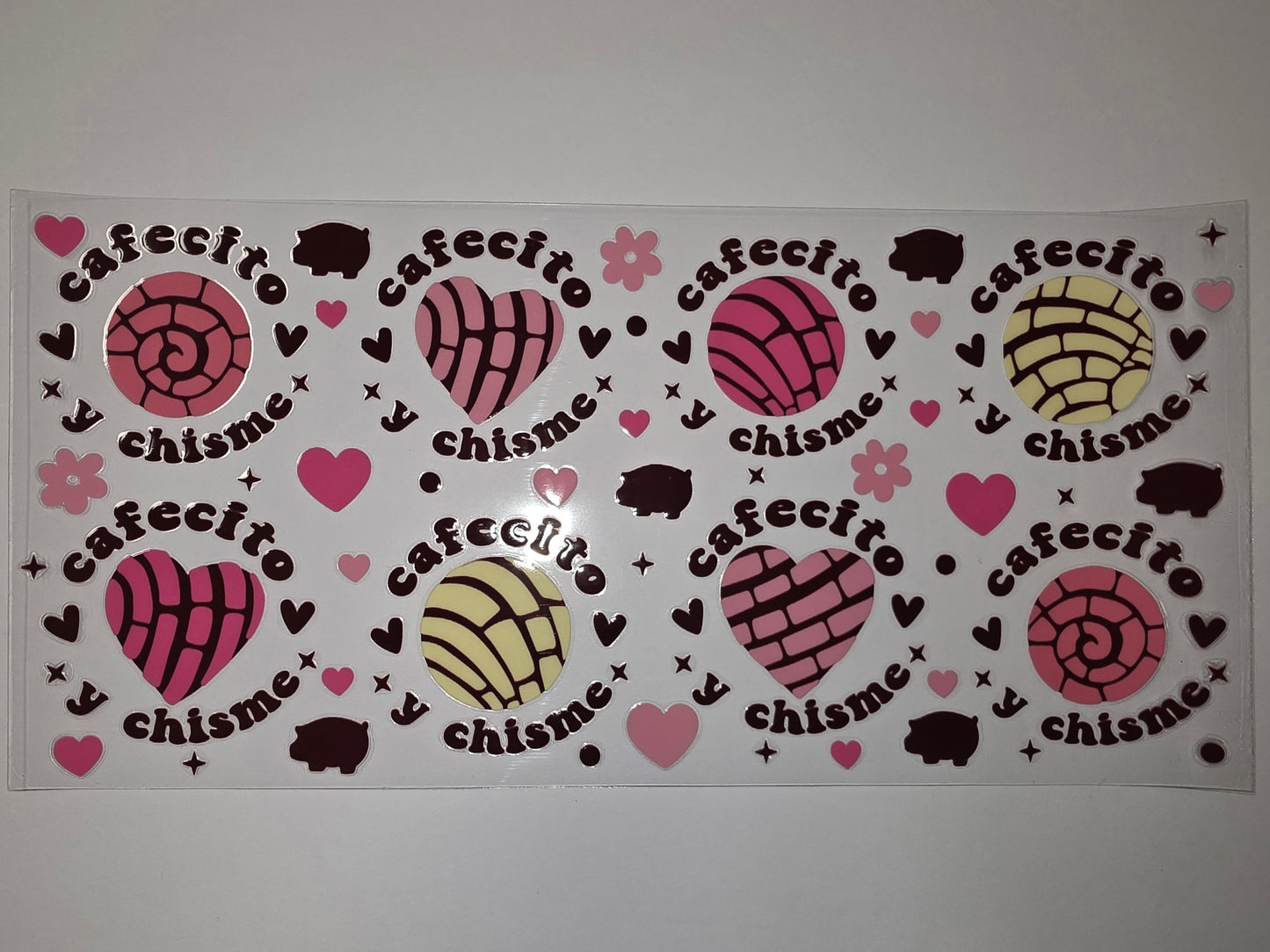 Cafecito y Chisme Tumbler Wrap - Pink, Yellow, Brown Conchas & Hearts