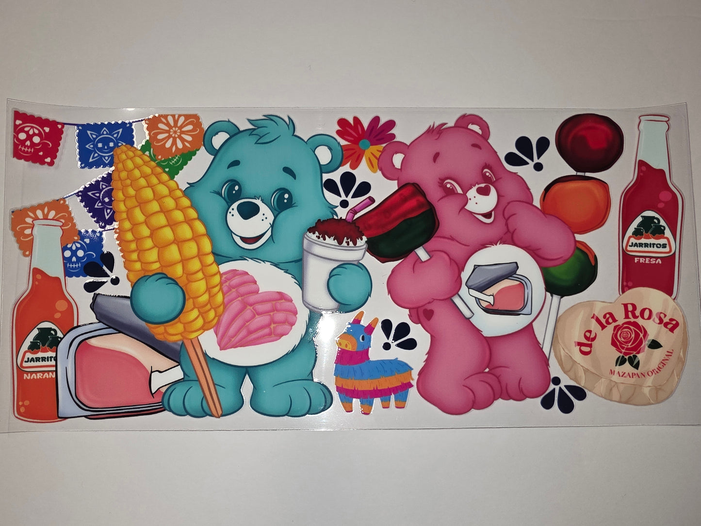 Cute Care Bears Fiesta Tumbler Wrap - Pink & Teal Bears, Mexican Treats, Papel Picado