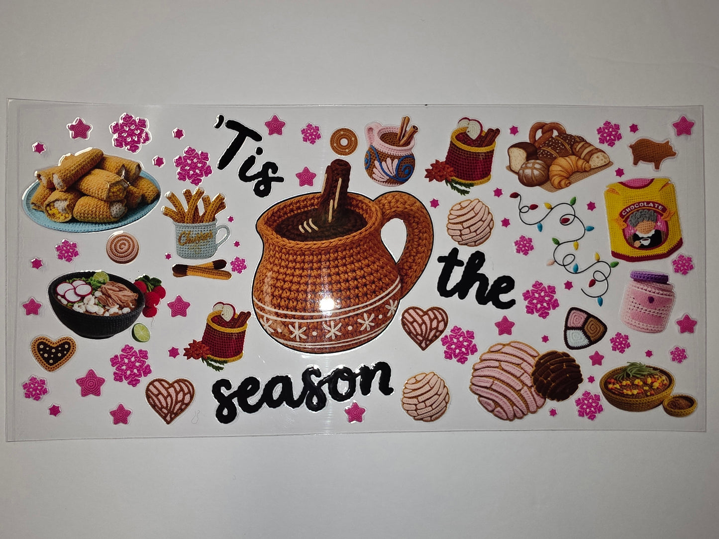 Mexican Holiday Food & Drink Tumbler Wrap | 'Tis the Season Design | Conchas, Tamales, Hot Chocolate