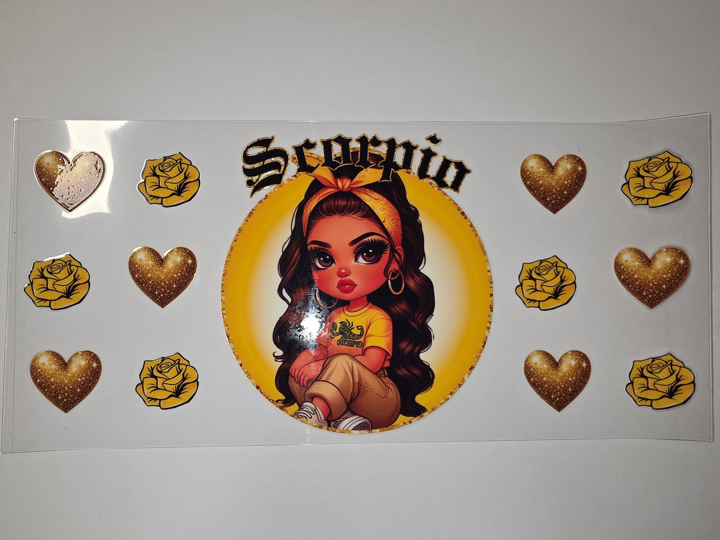 Scorpio Zodiac Girl Tumbler Wrap - Gold Glitter Hearts & Roses - Astrology Drinkware Design