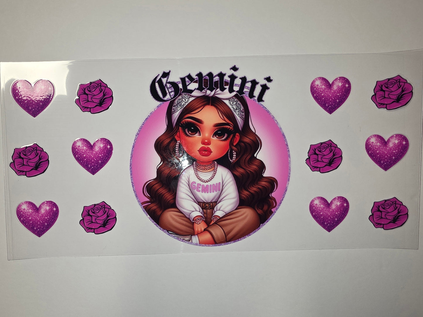 Gemini Zodiac Girl Tumbler Wrap - Pink Glitter Hearts & Roses - Astrology Drinkware Design