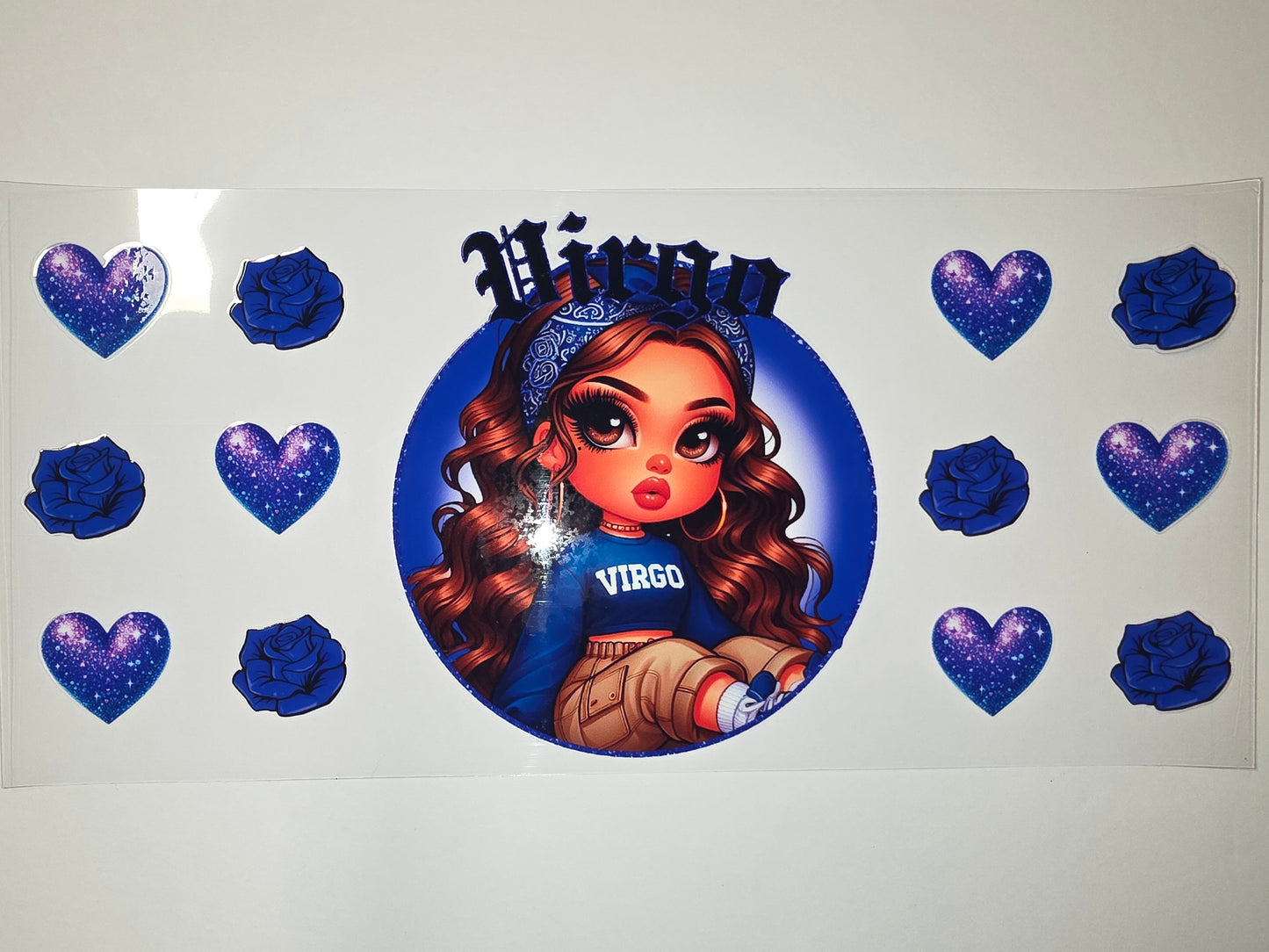 Virgo Zodiac Girl Tumbler Wrap - Blue Galaxy Hearts & Roses - Astrology Drinkware Design