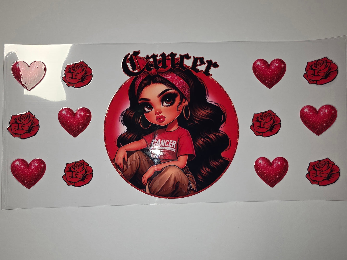 Cancer Zodiac Girl Tumbler Wrap - Red Roses & Glitter Hearts - Astrology Drinkware Design
