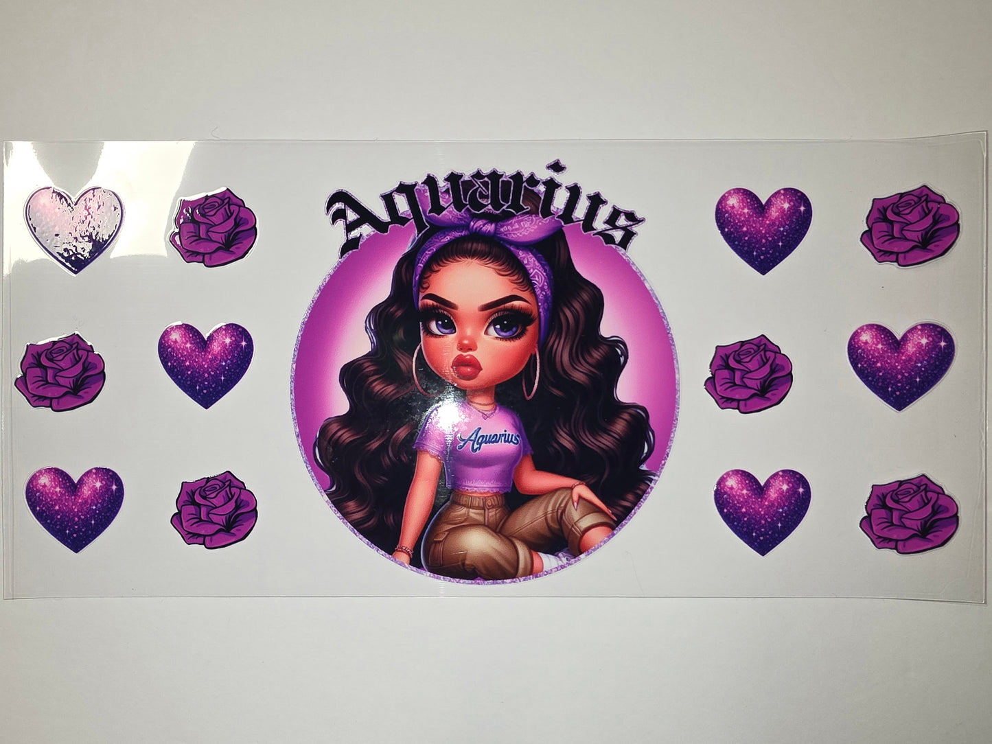 Purple Aquarius Zodiac Girl Tumbler Wrap - Hearts & Roses Design