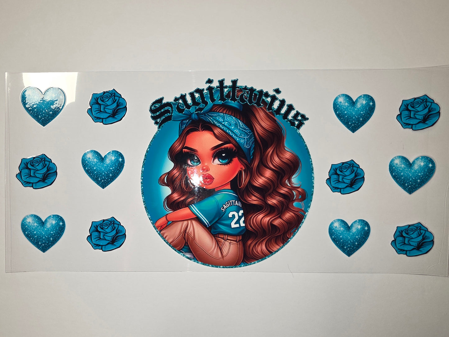 Sagittarius Zodiac Girl Tumbler Wrap | Teal Glitter Hearts & Roses | Astrology Drinkware Design