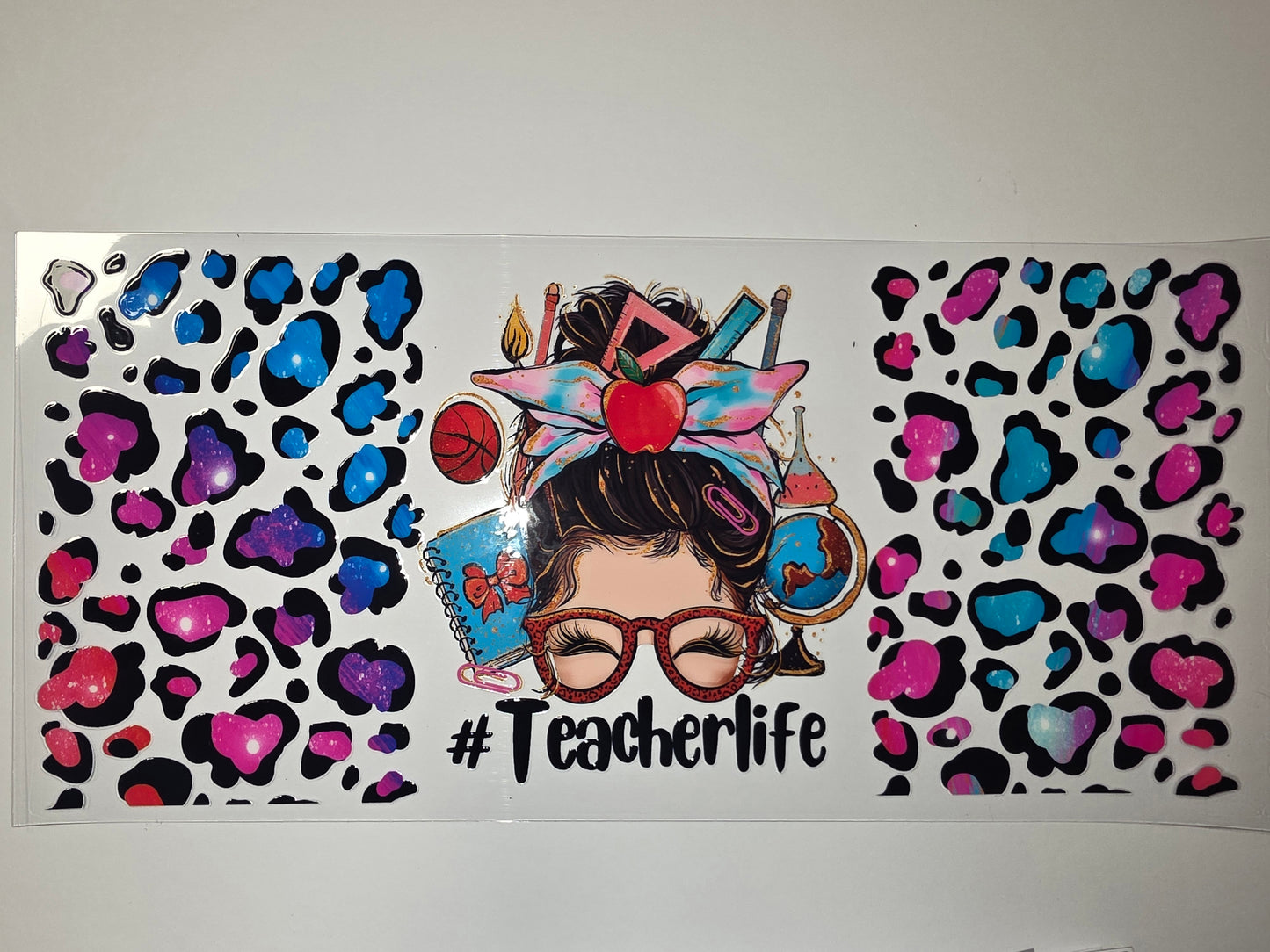 Teacher Life Leopard Print Tumbler Wrap | Pink Blue Galaxy Spots | Sublimation Design