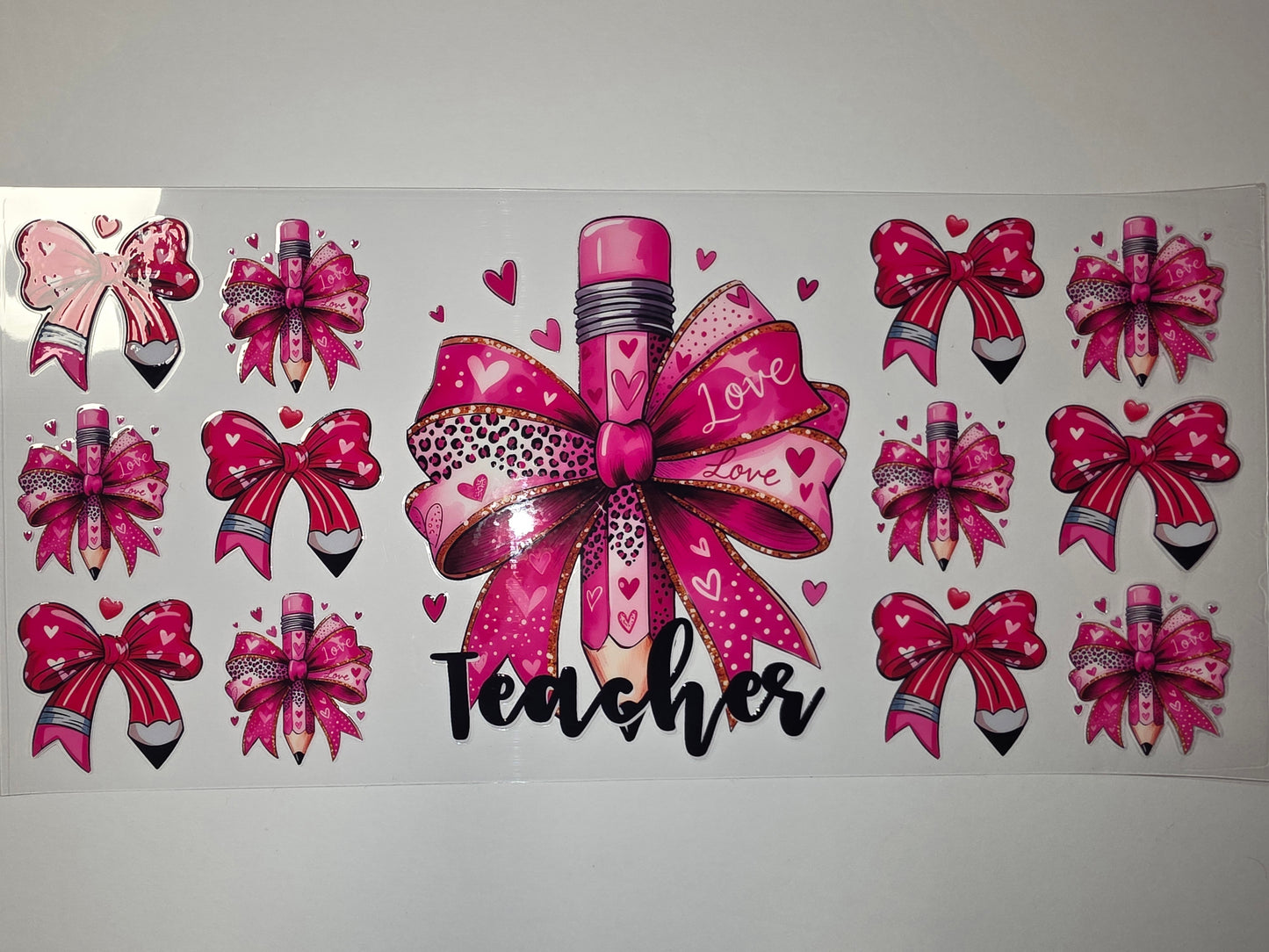 Pink Teacher Pencil Bow Tumbler Wrap | Valentine's Day Hearts & Love Design