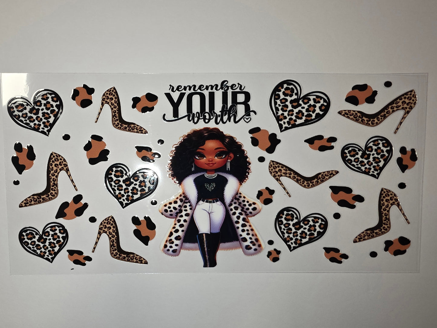 Leopard Print Glam Girl Tumbler Wrap - Hearts, Heels & "Remember Your Worth"