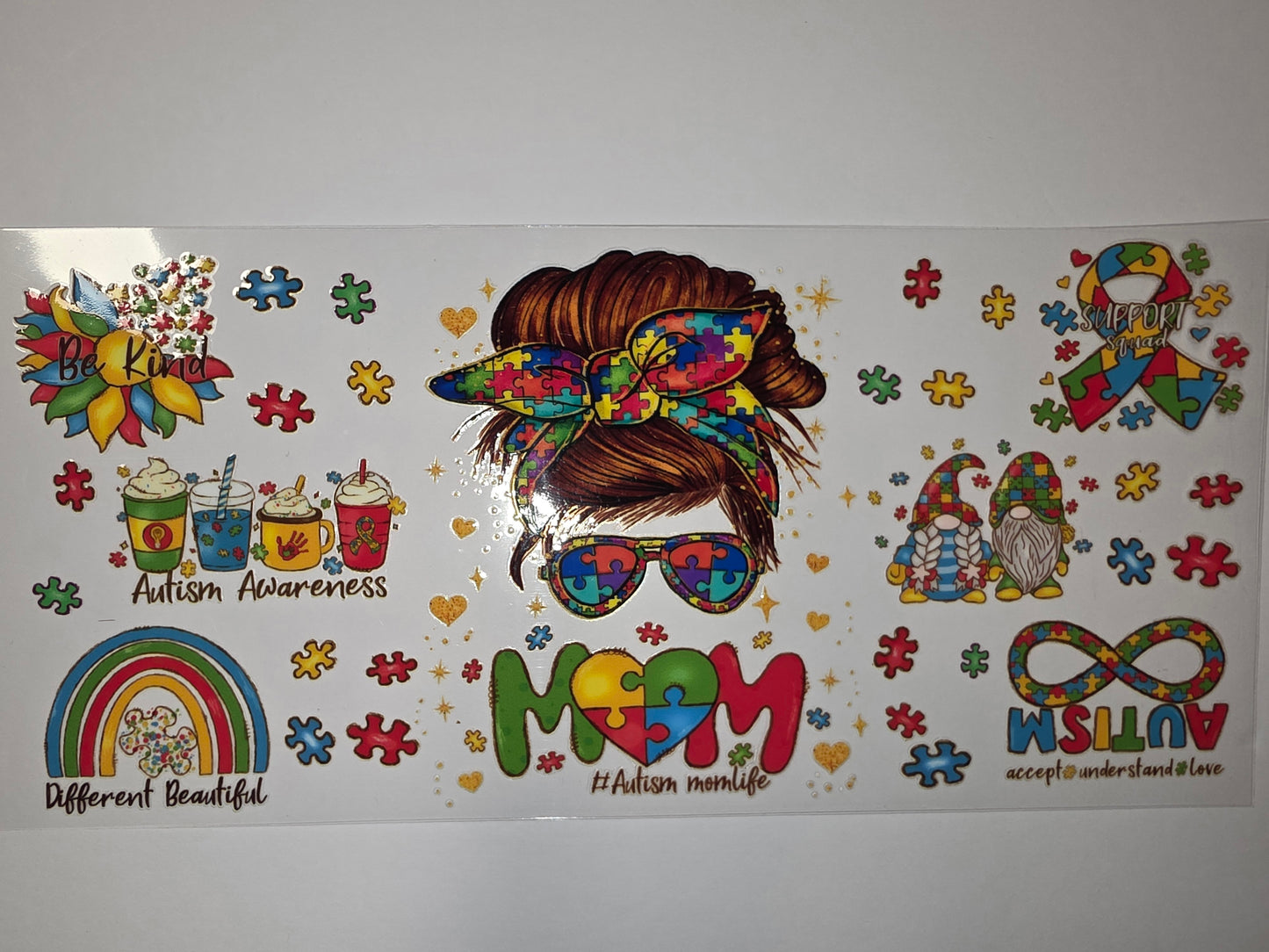 Autism Awareness Tumbler Wrap - Puzzle Pieces, Gnomes, Mom Life, Rainbow Designs