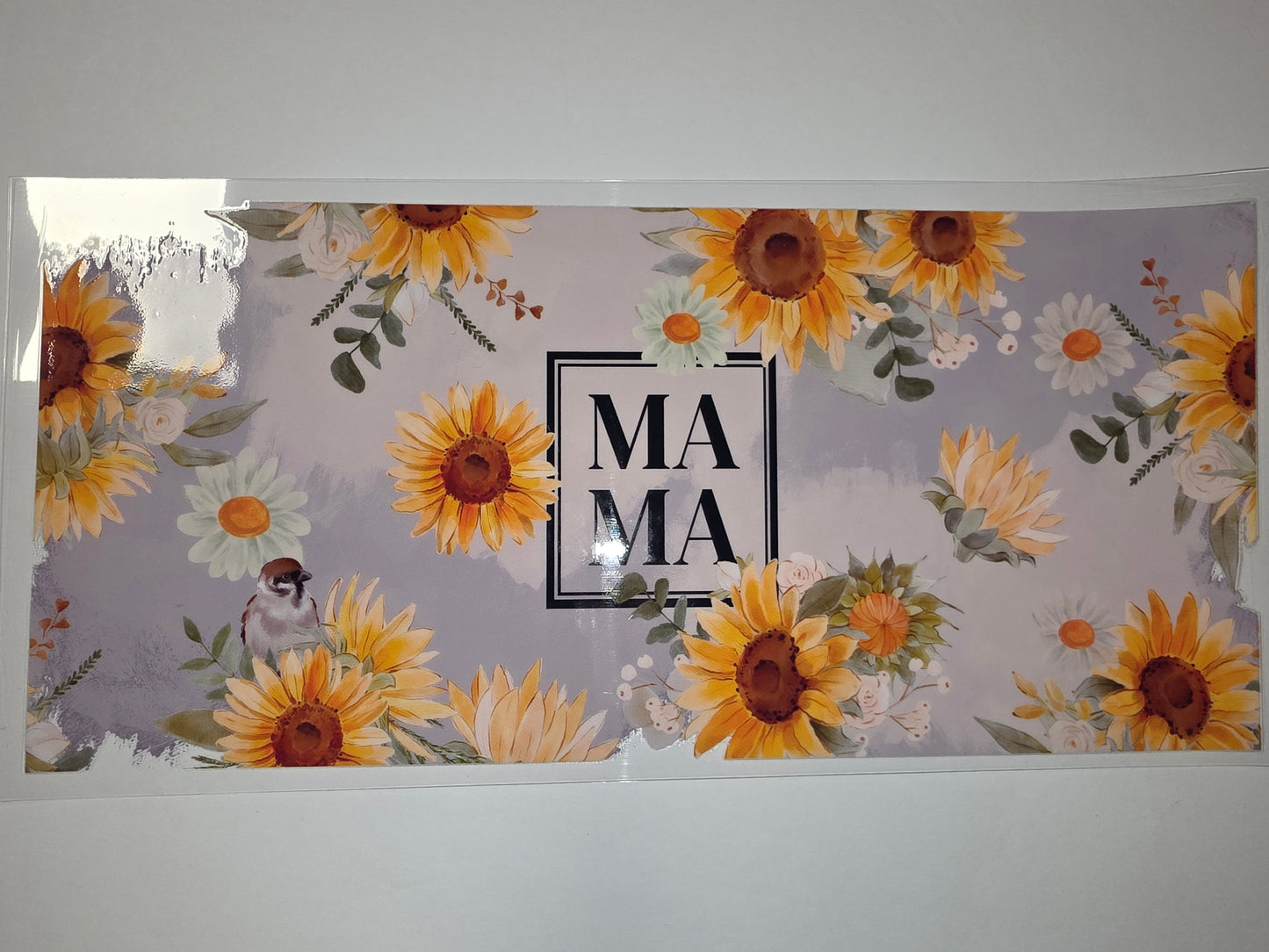 Mama Sunflower Tumbler Wrap | Watercolor Floral & Bird Design | Yellow & Gray
