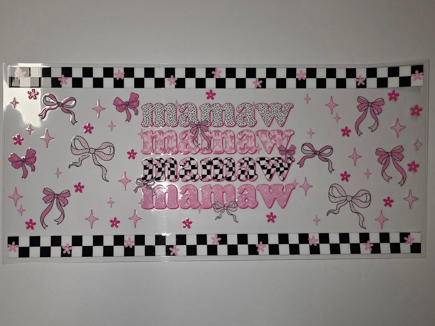 Pink "Mamaw" Tumbler Wrap with Bows, Flowers & Checkerboard Accents