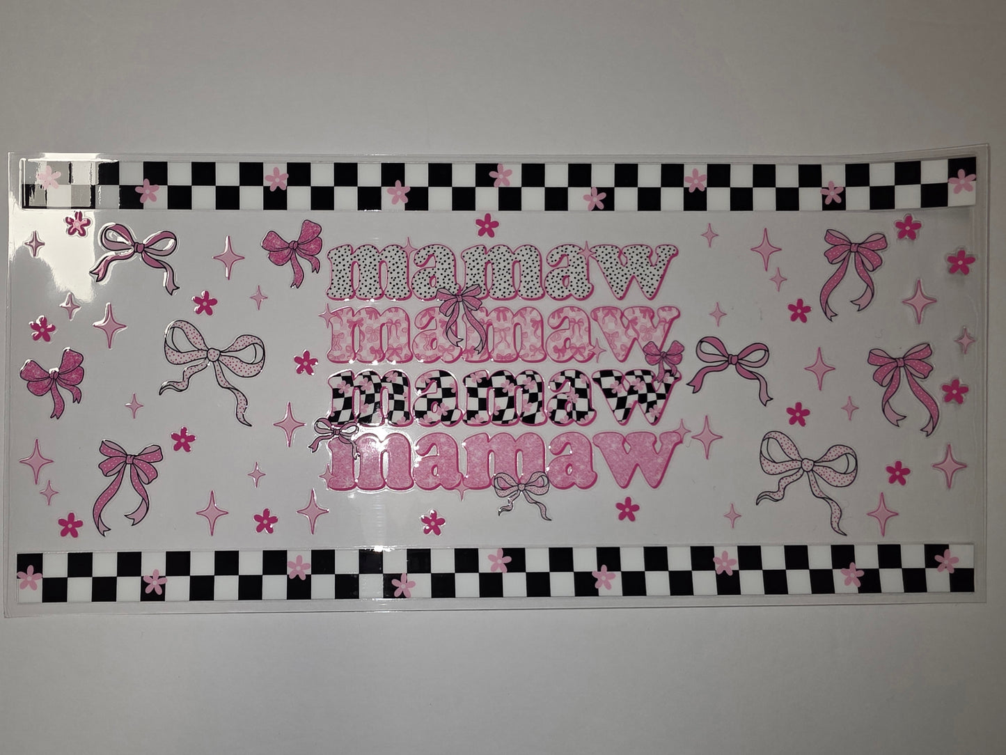 Pink "Mamaw" Tumbler Wrap with Bows, Flowers & Checkered Accents