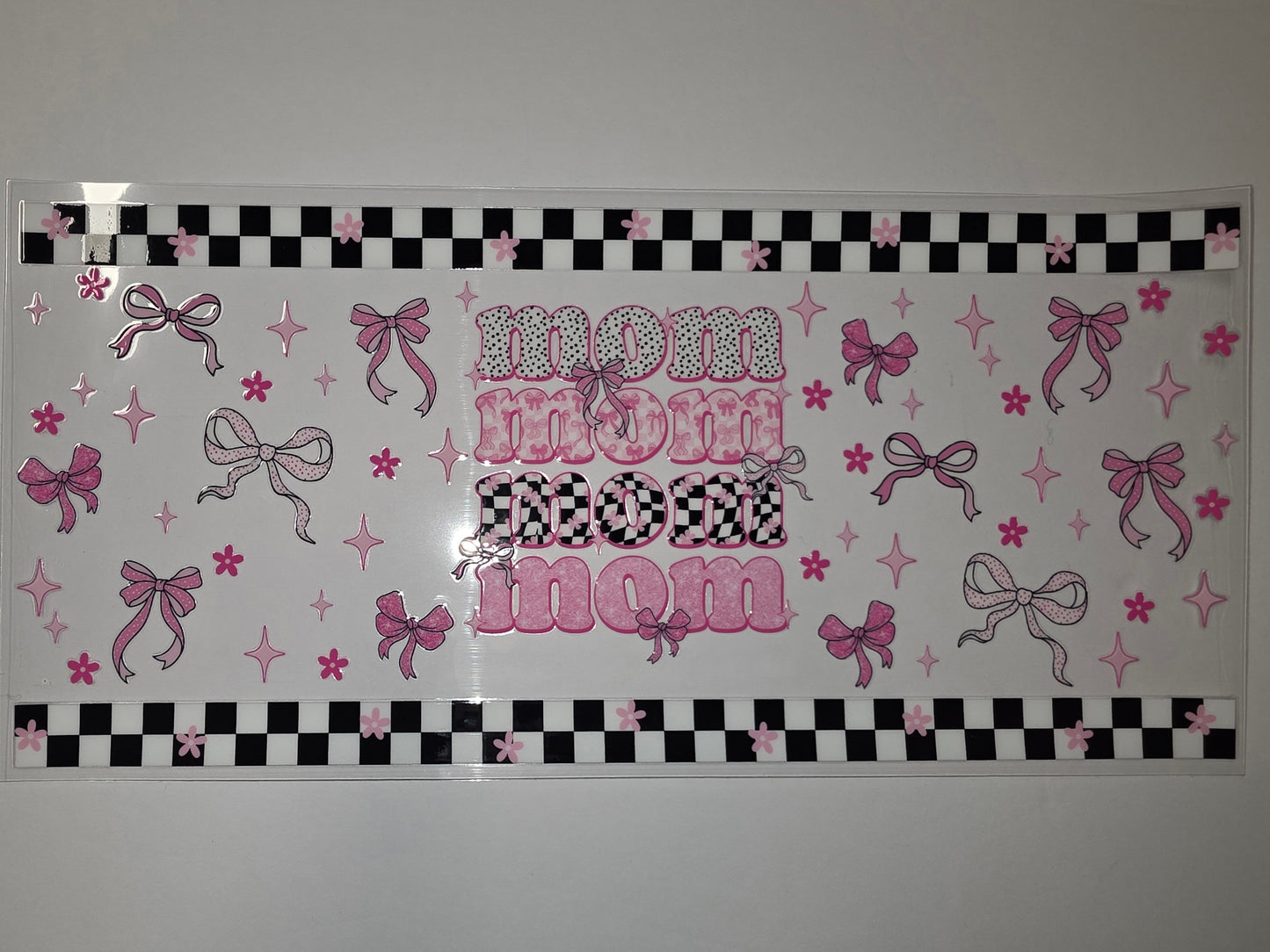 Pink Bows & "Mom" Tumbler Wrap - Checkerboard & Polka Dot Design