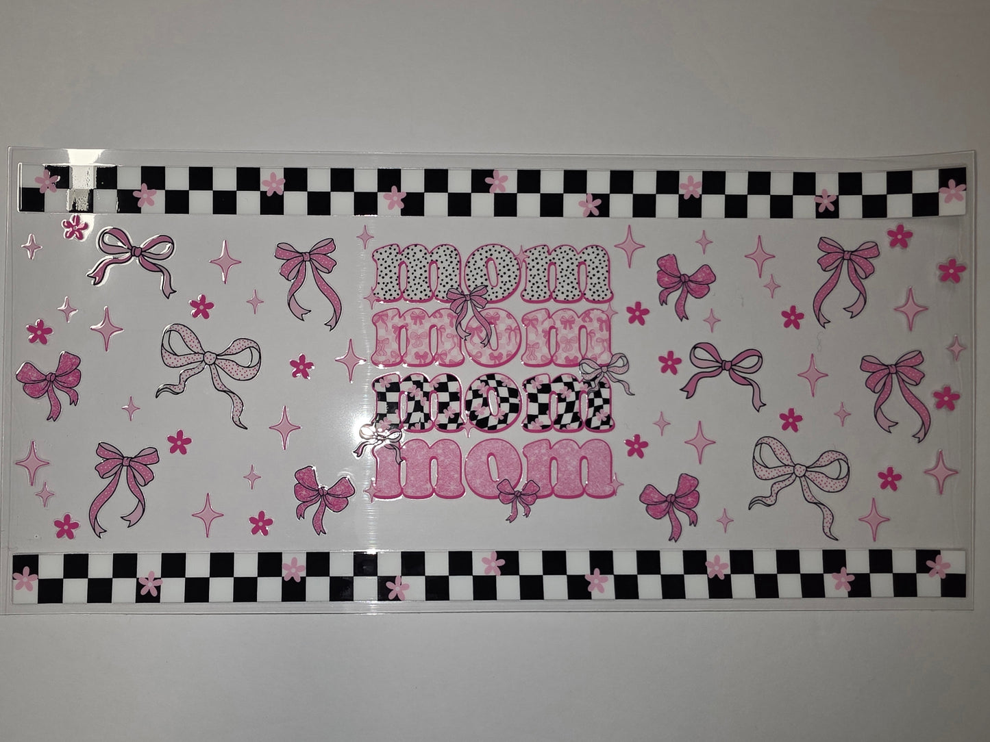 Pink Bows & Checkered "Mom" Tumbler Wrap | Cute Girly Drinkware Design