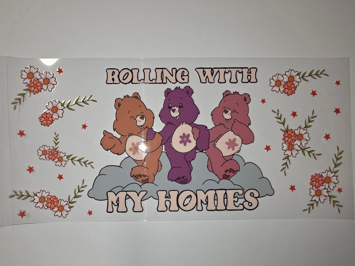 Retro Care Bears Tumbler Wrap - "Rolling With My Homies" Design - Pink, Purple, Brown Bears & Daisies