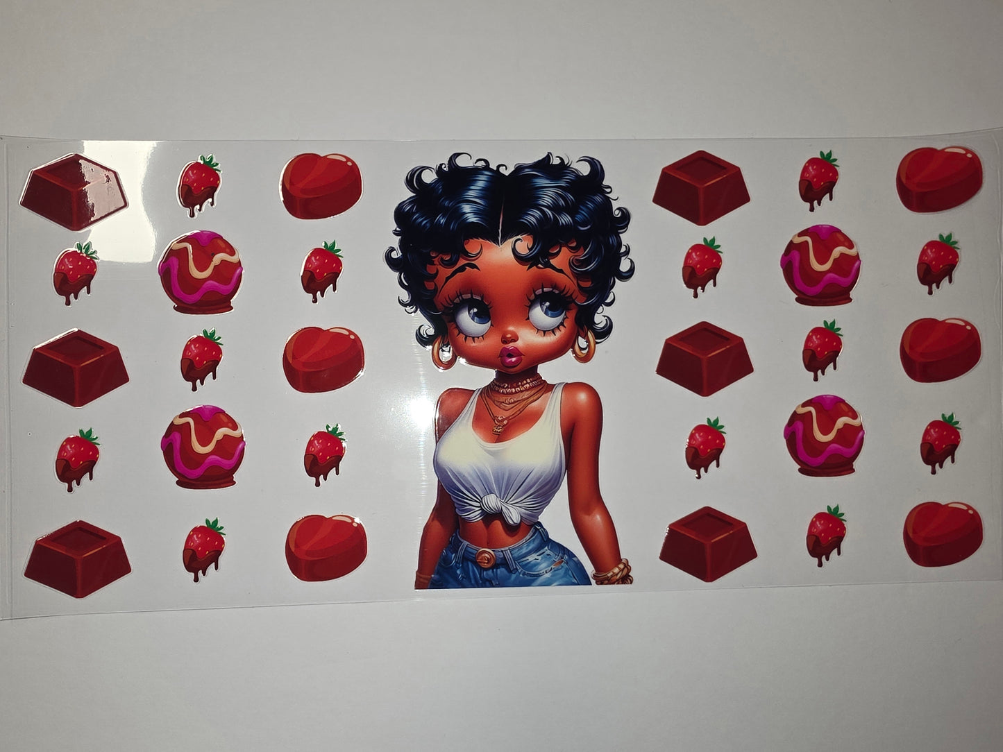 Cute Cartoon Character with Chocolate & Strawberry Tumbler Wraps | Red & Pink Drinkware Decals