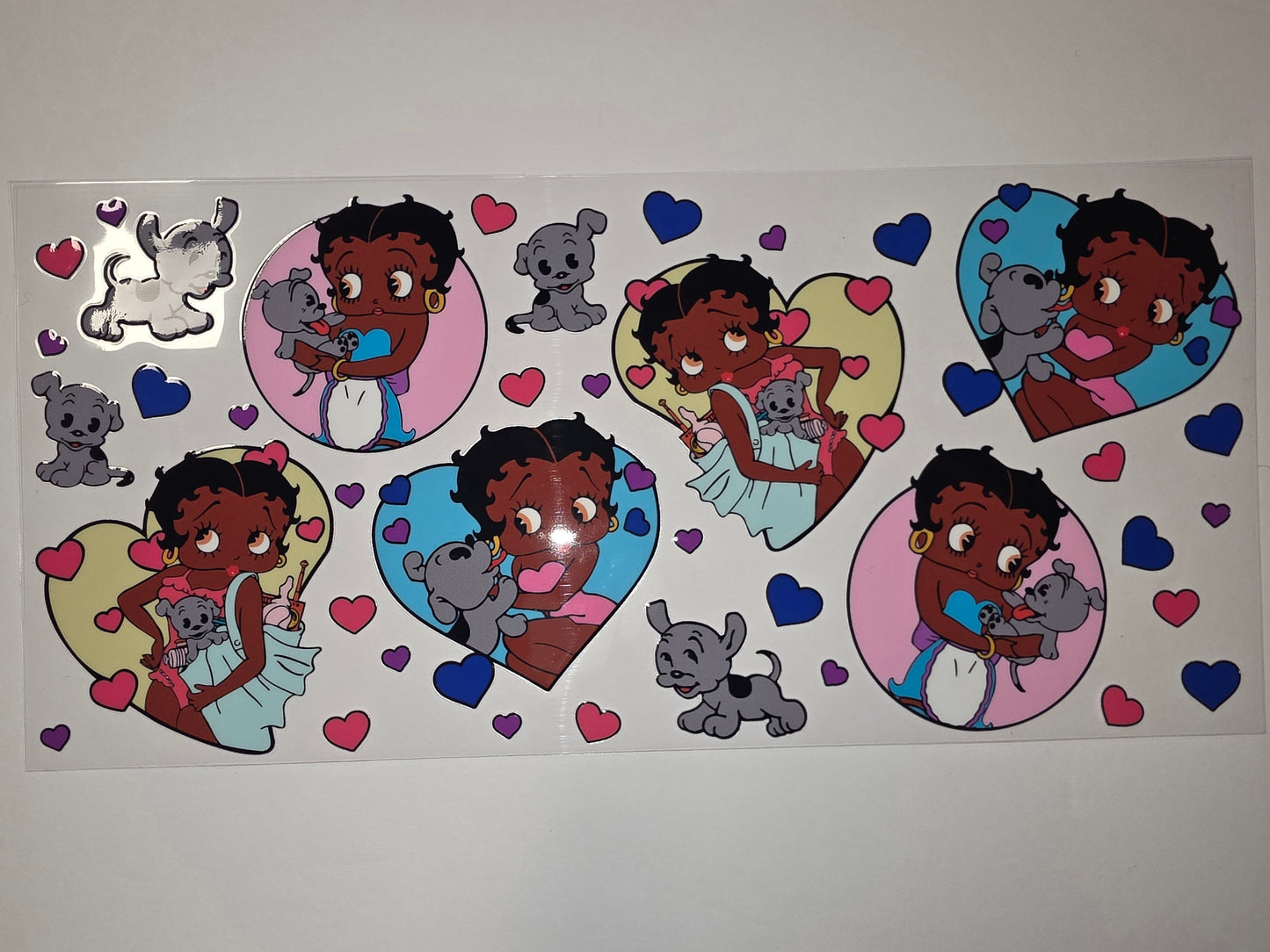 Betty Boop & Puppy Heart Tumbler Wrap | Pink, Blue, Purple Hearts | Cute Cartoon Design