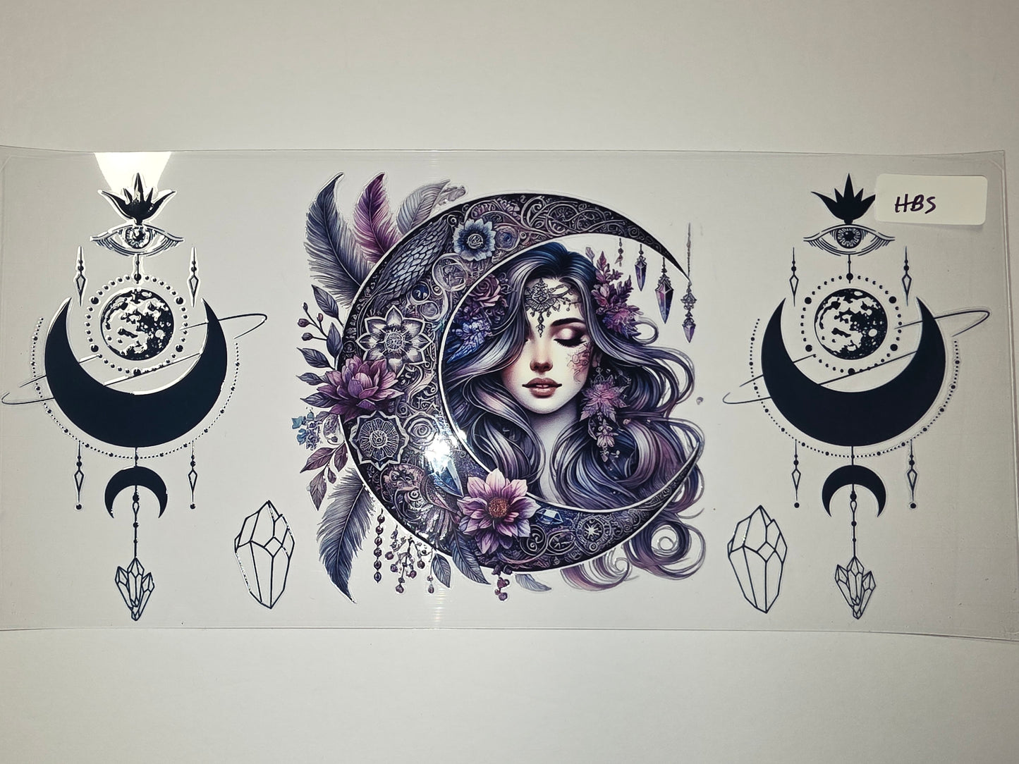 Bohemian Celestial Woman Moon Tumbler Wrap | Purple Floral & Crystal Design