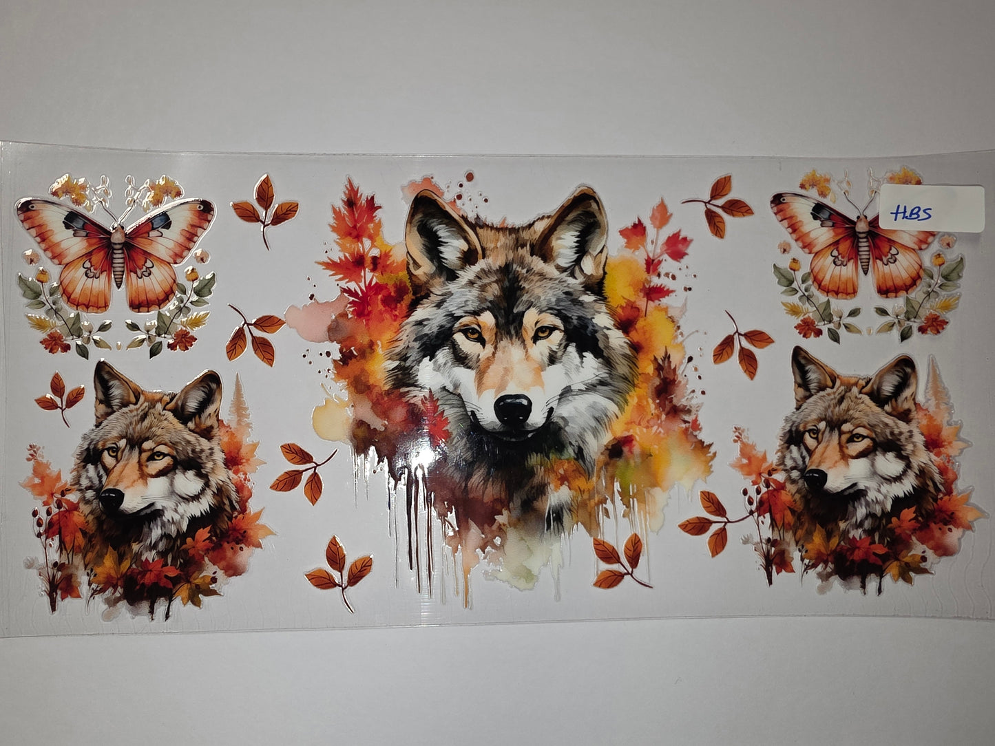 Autumn Wolf & Butterfly Tumbler Wrap - Watercolor Fall Leaves & Nature Design