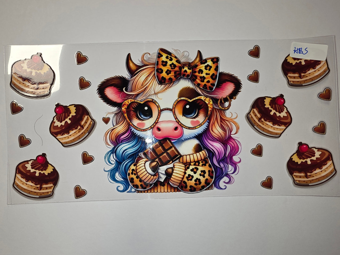 Cute Cow with Rainbow Hair & Chocolate Tumbler Wrap | Leopard Print & Hearts Design