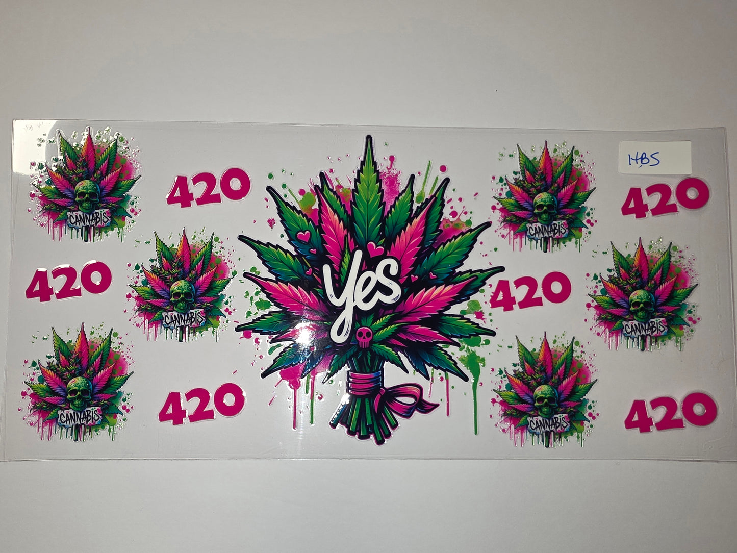 Vibrant "Yes" Cannabis Leaf Tumbler Wrap - Pink, Green, Skull & 420 Designs