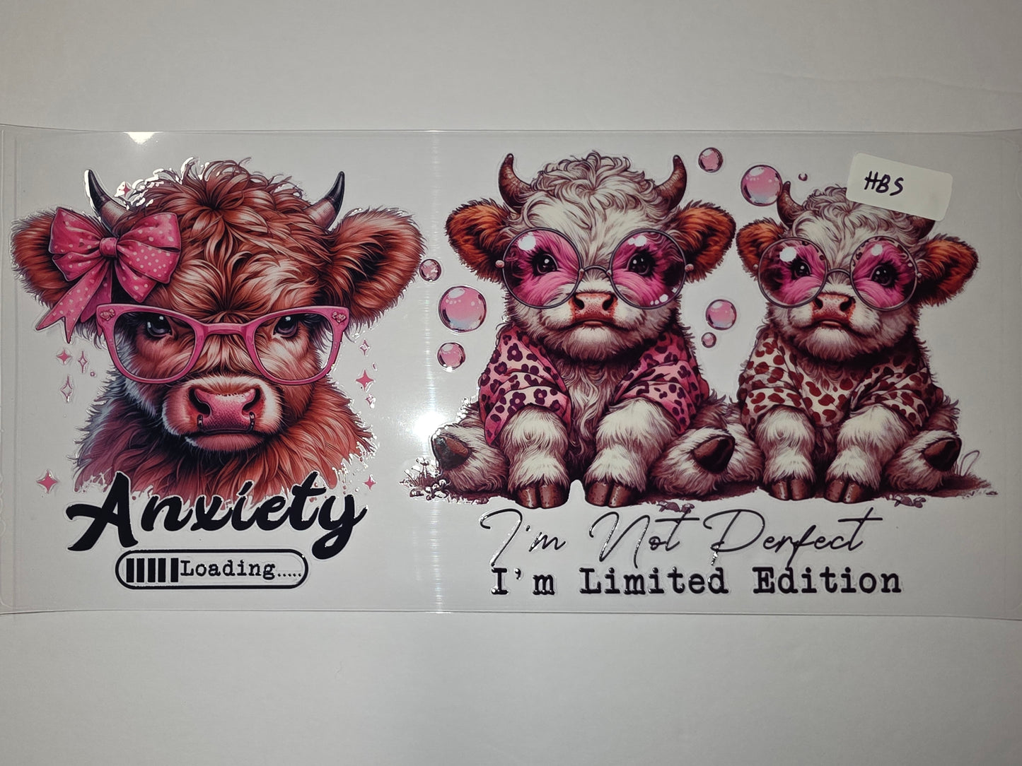 Cute Highland Cow Tumbler Wrap - Pink Glasses, Bow, Leopard Print - "Anxiety Loading"
