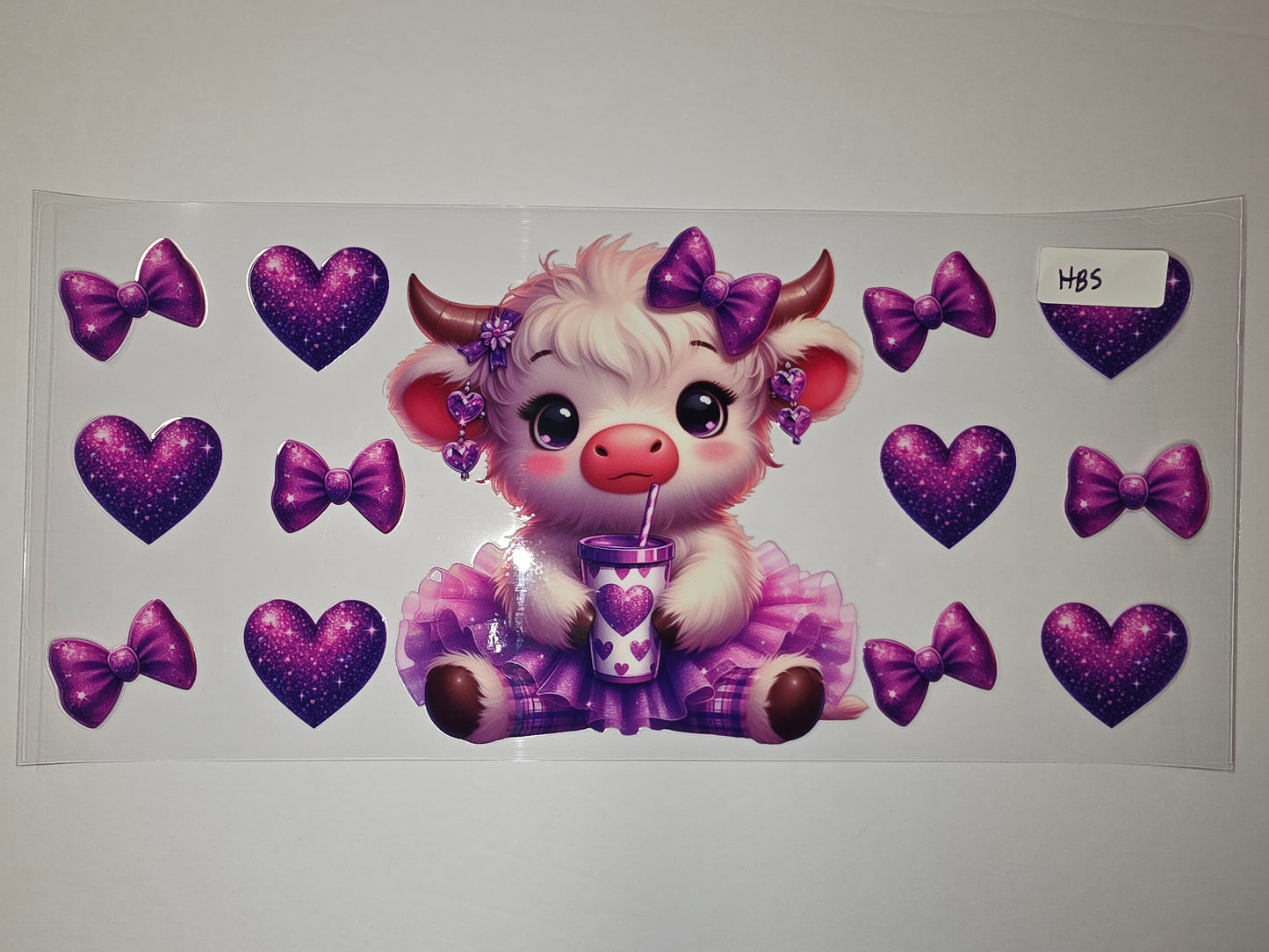 Cute Highland Cow Tumbler Wrap - Purple Glitter Hearts & Bows Design