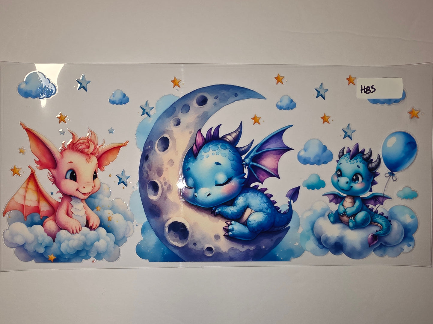 Cute Baby Dragons Moon Clouds Stars Tumbler Wrap - Pink & Blue Fantasy Drinkware Design