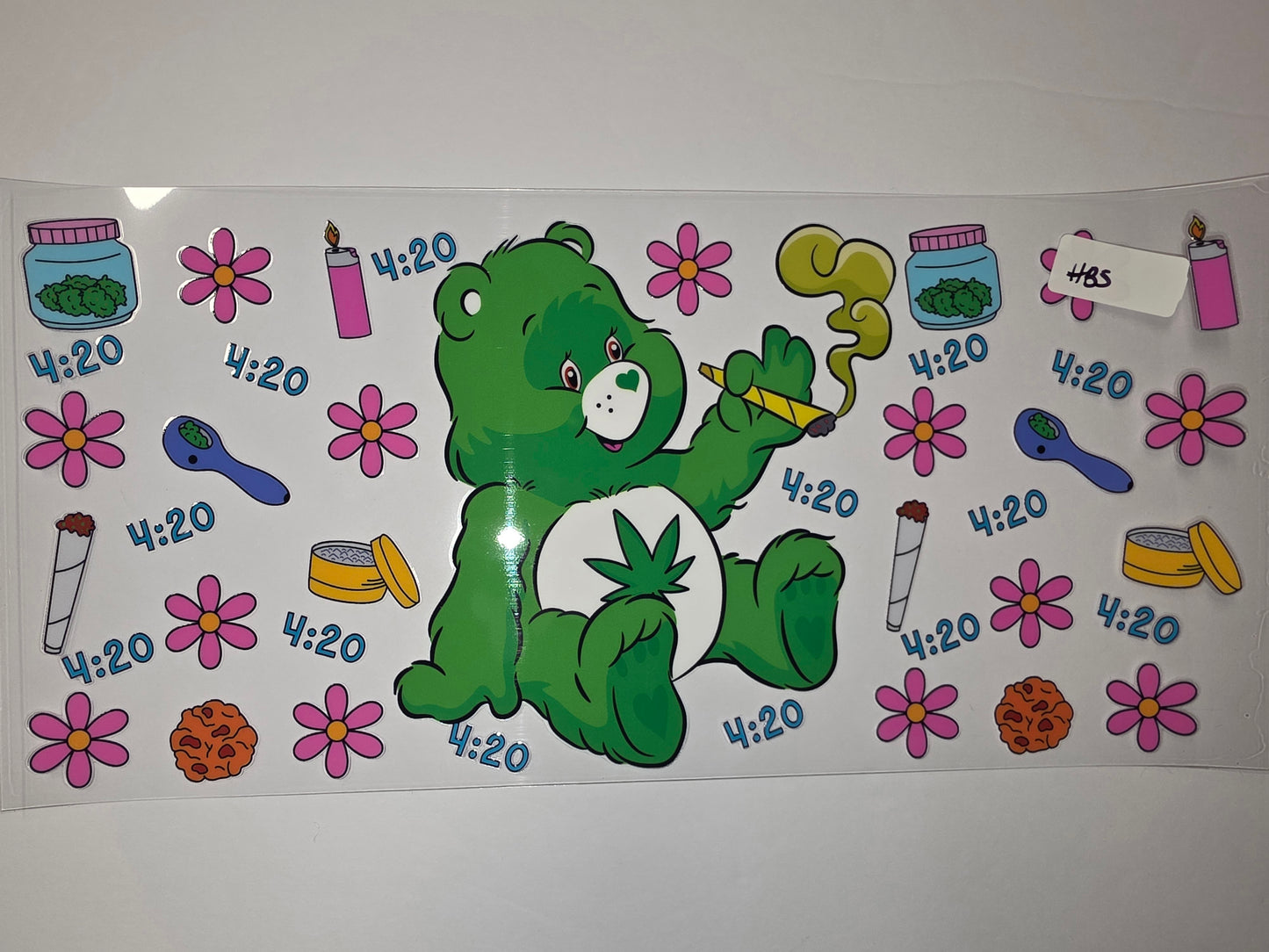 420 Stoner Bear Tumbler Wrap - Green Bear, Pink Flowers, Weed Jars & Joints