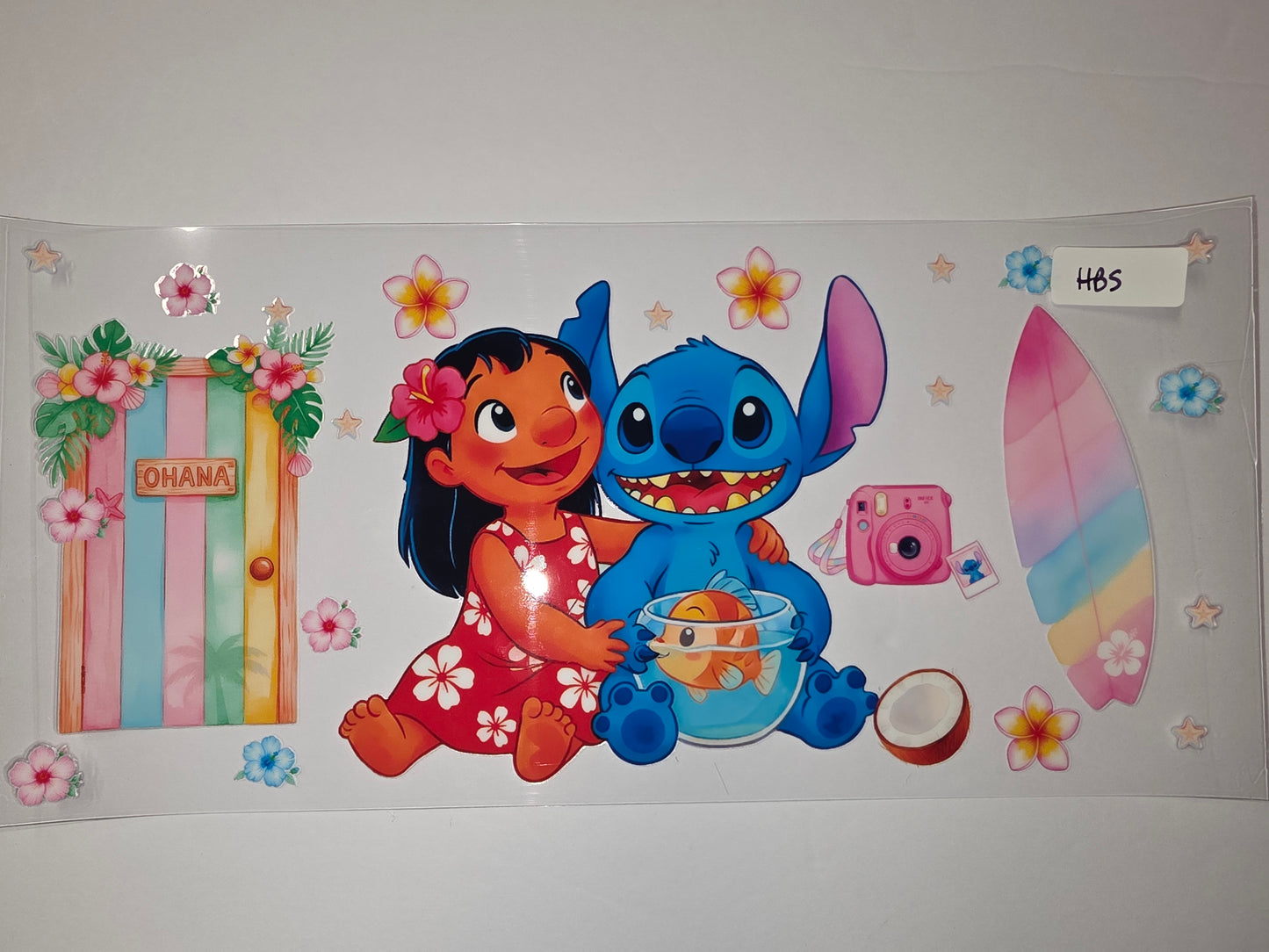 Lilo & Stitch Hawaiian Ohana Door Tumbler Wrap | Tropical Flowers & Surfboard Design
