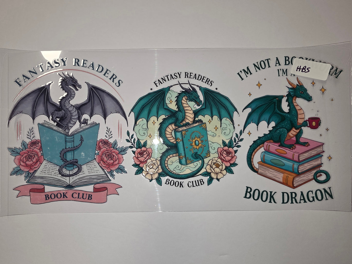 Fantasy Dragon Book Club Tumbler Wrap | Teal, Pink, Grey Dragons & Books