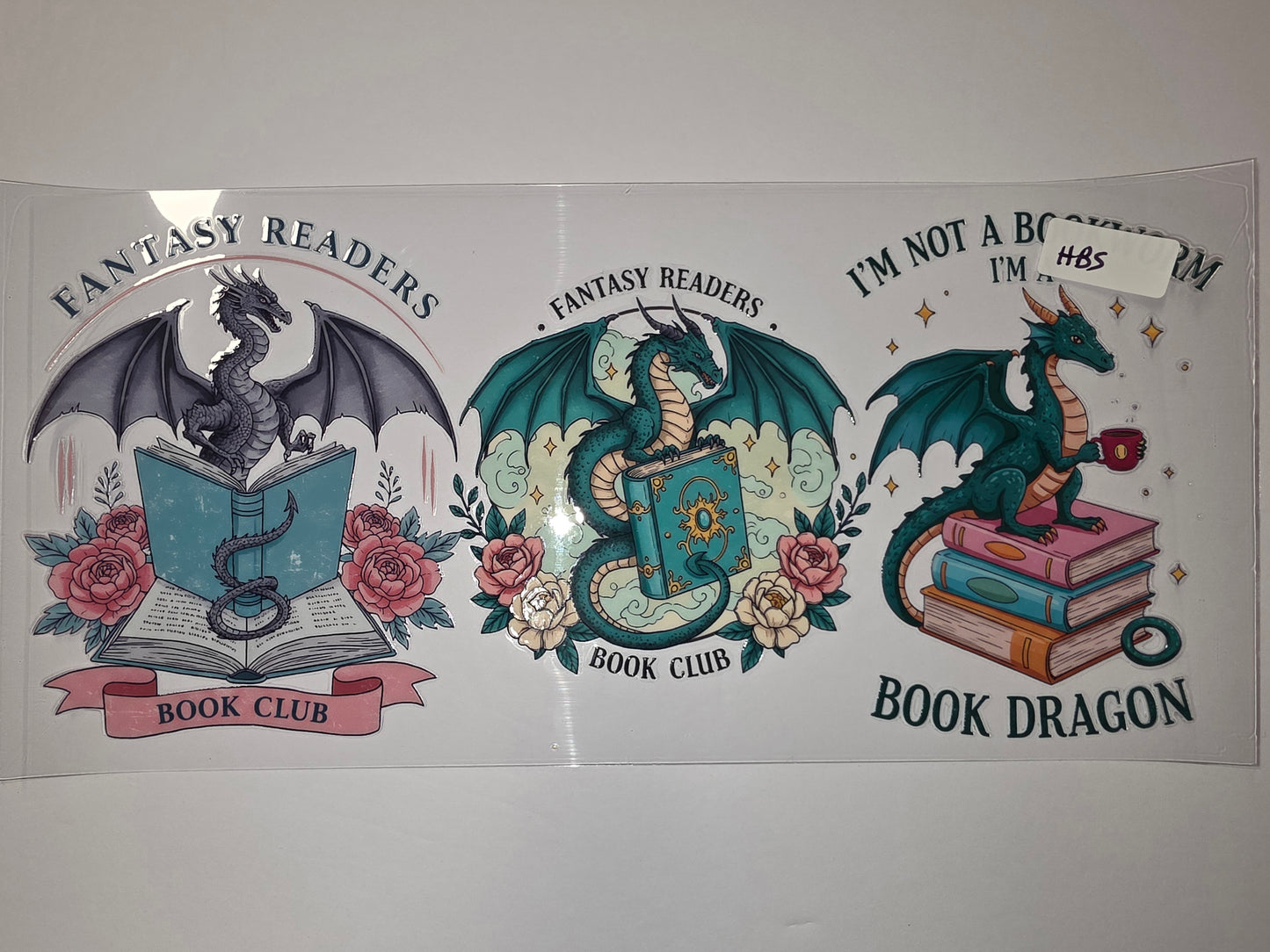 Fantasy Dragon Book Club Tumbler Wrap | Book Dragon Design | Teal, Pink, Gray