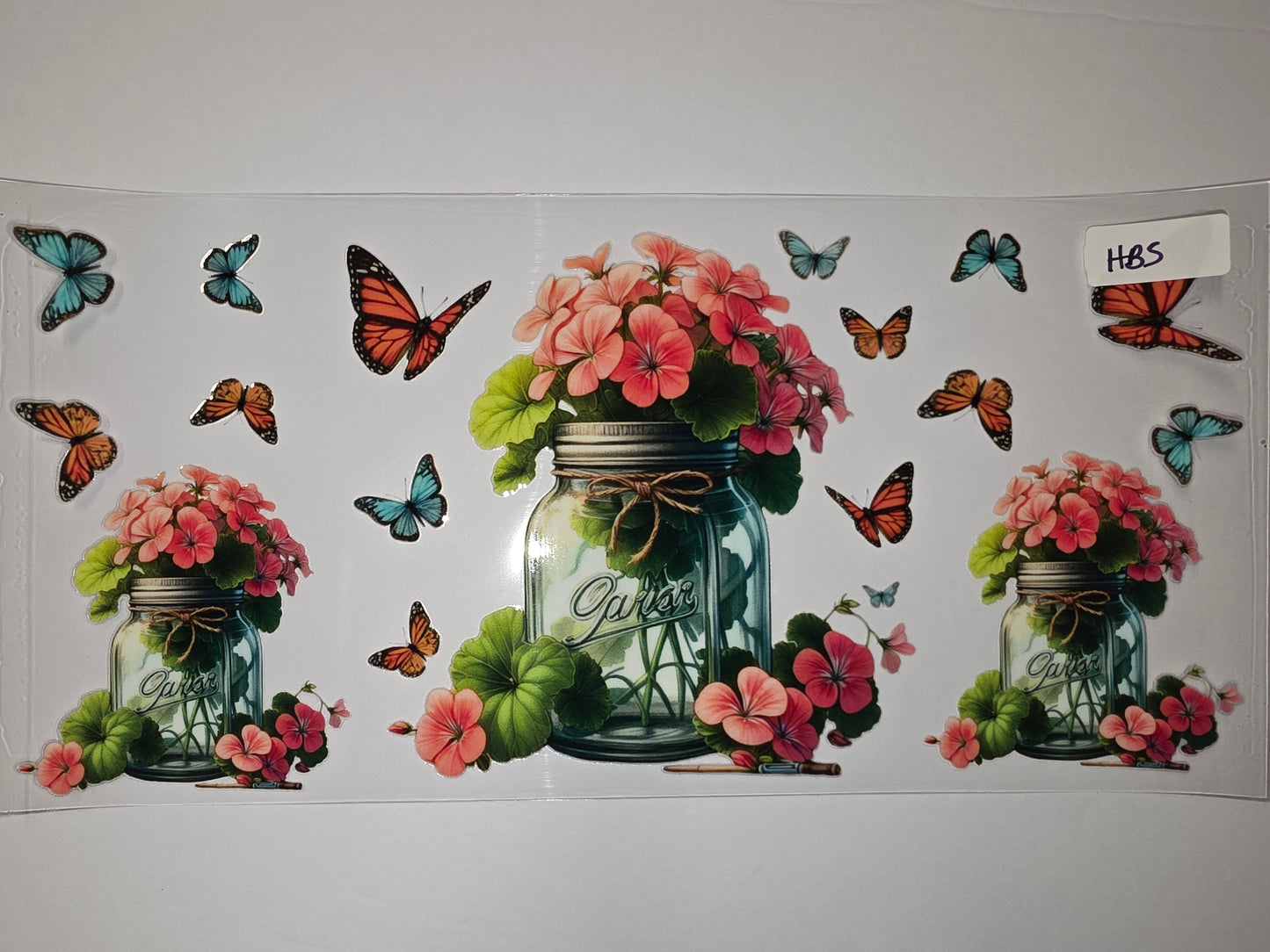 Vintage Mason Jar Floral Butterfly Tumbler Wrap | Pink Geraniums & Monarchs
