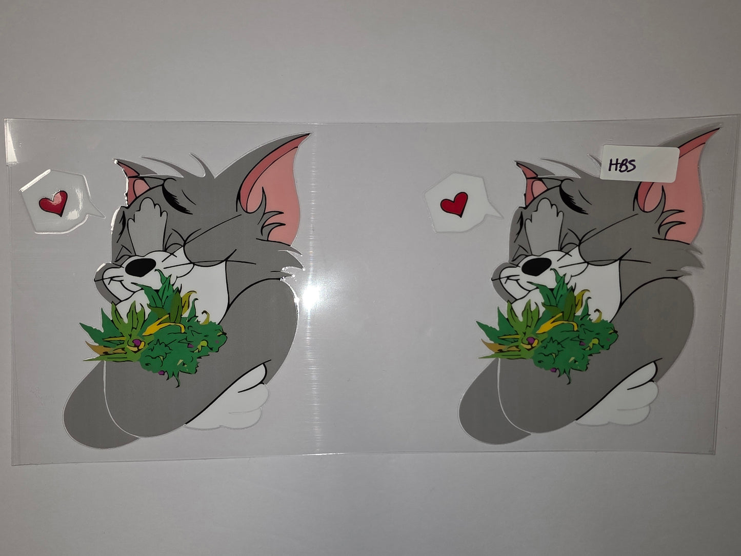 Cute Tom Cat with Heart and Green Leaves Tumbler Wrap - Cartoon Character Drinkware Design