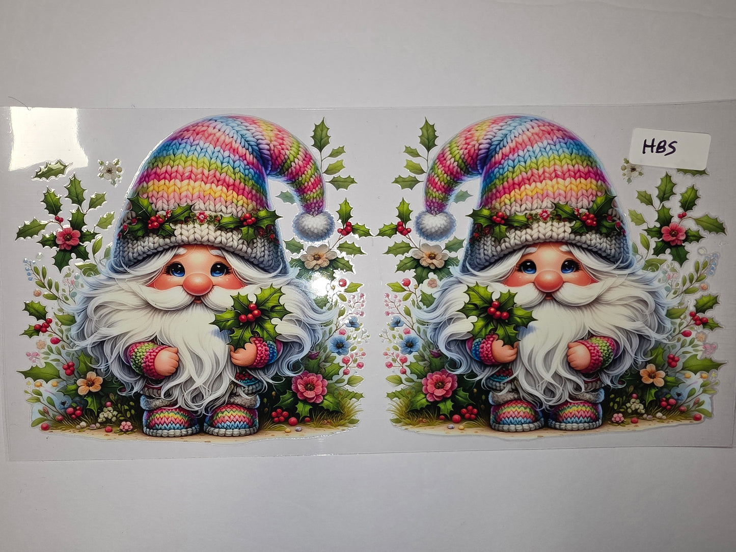 Rainbow Gnome Tumbler Wrap - Whimsical Christmas Design with Holly & Flowers