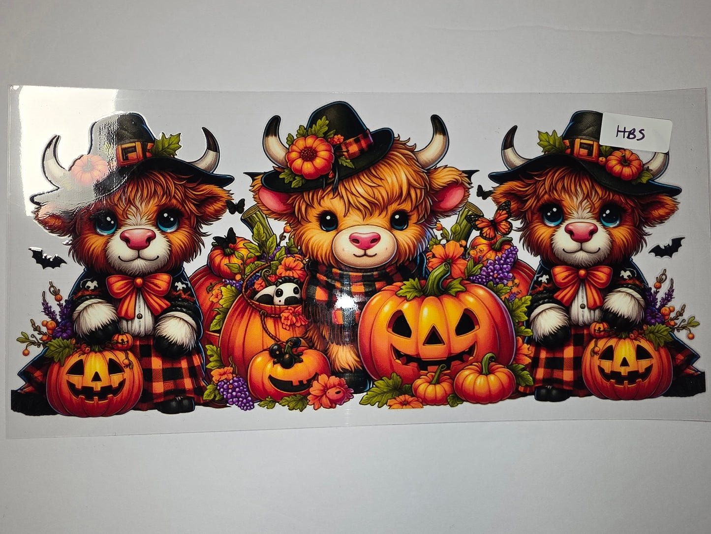 Cute Highland Cow Halloween Tumbler Wrap - Pumpkin, Witch Hat, Plaid Design