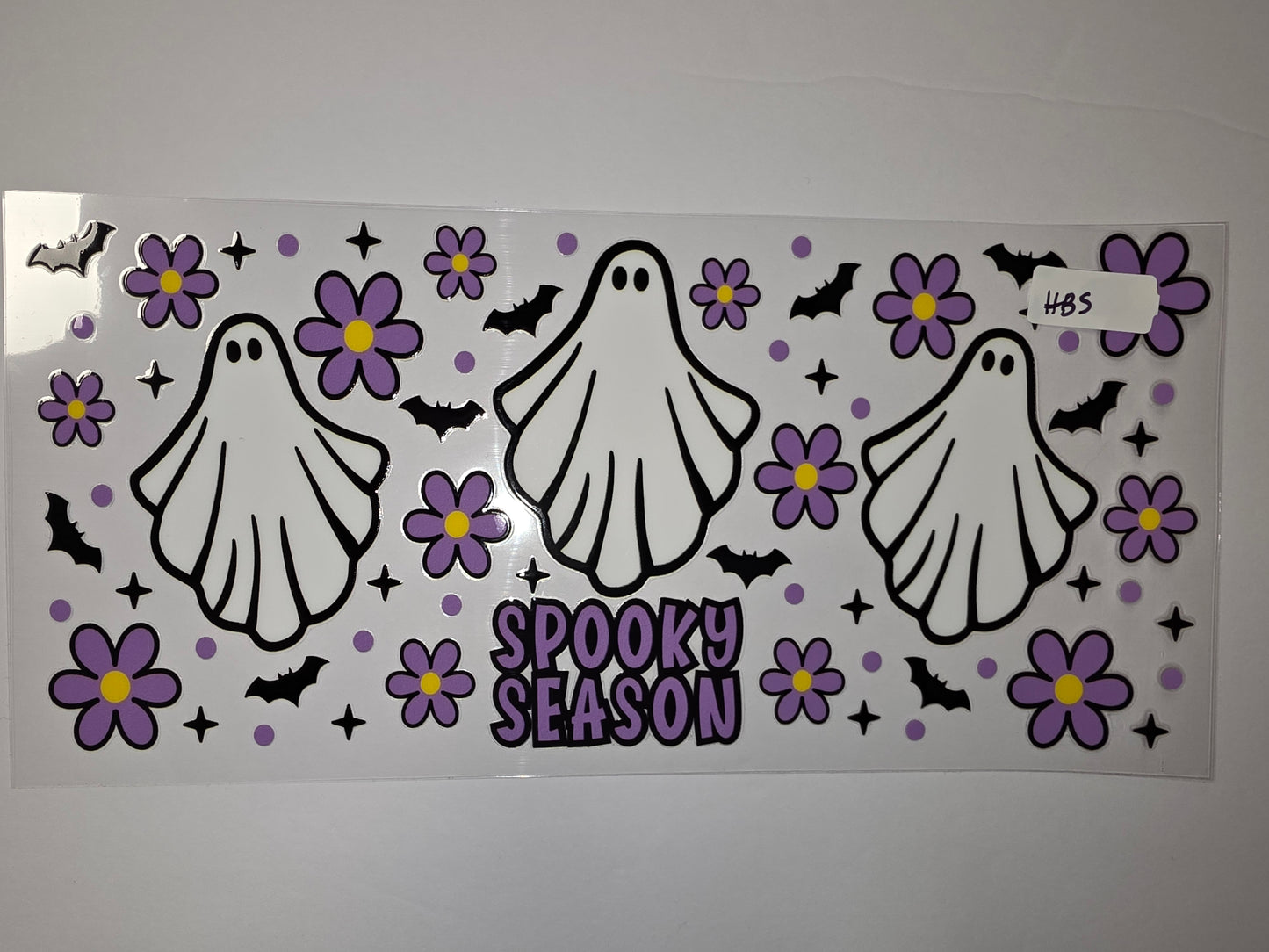 Spooky Season Ghost & Flower Tumbler Wrap | Halloween Bats & Stars Design | Purple & Black