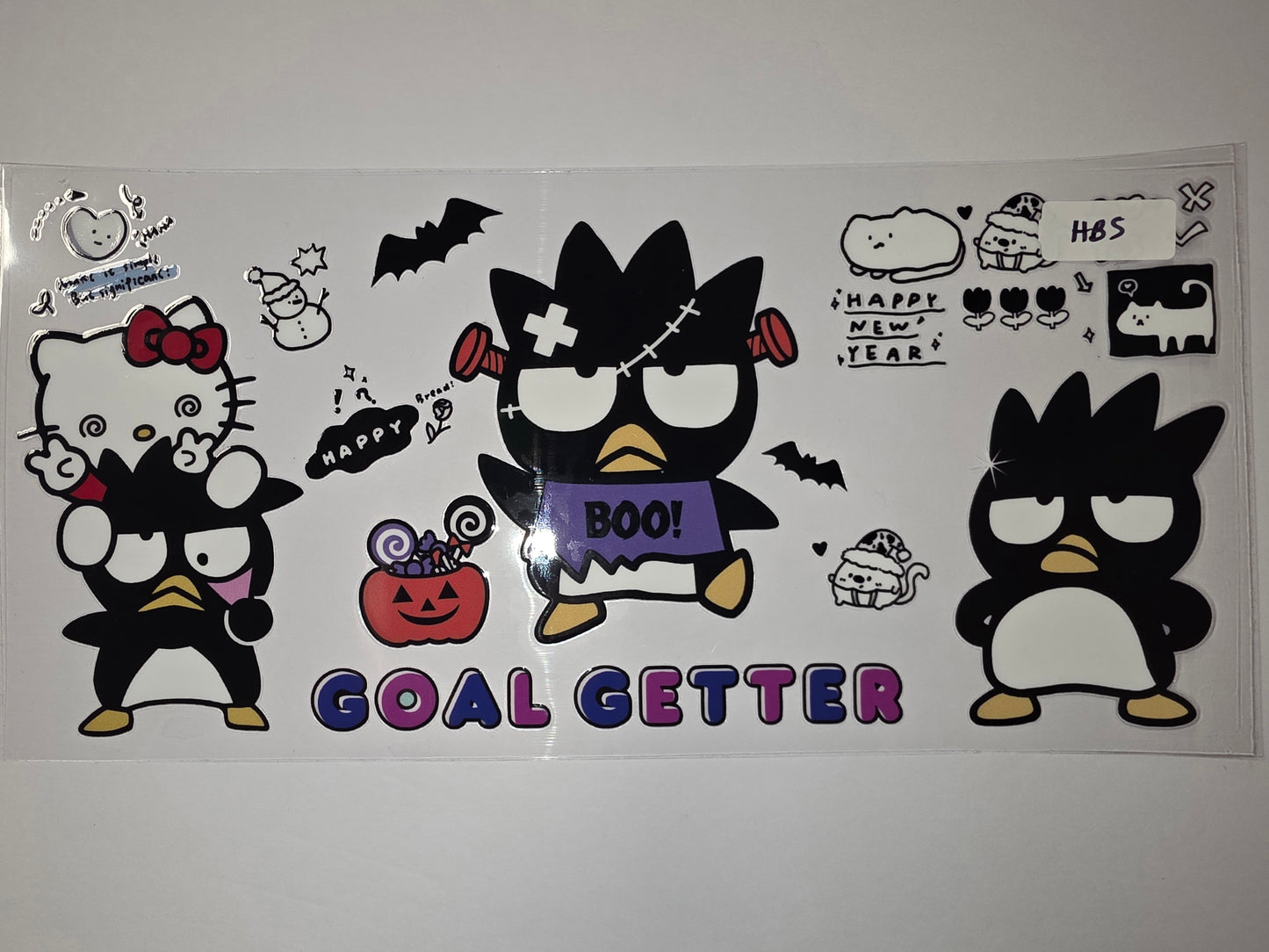 Cute Badtz Maru & Hello Kitty Halloween & New Year Tumbler Wrap | Kawaii Penguin & Cat Stickers