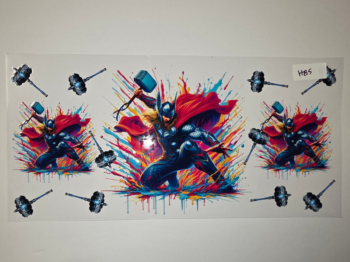 Thor Hammer & Splatter Tumbler Wrap | Vibrant Superhero Design | Red, Blue, Yellow