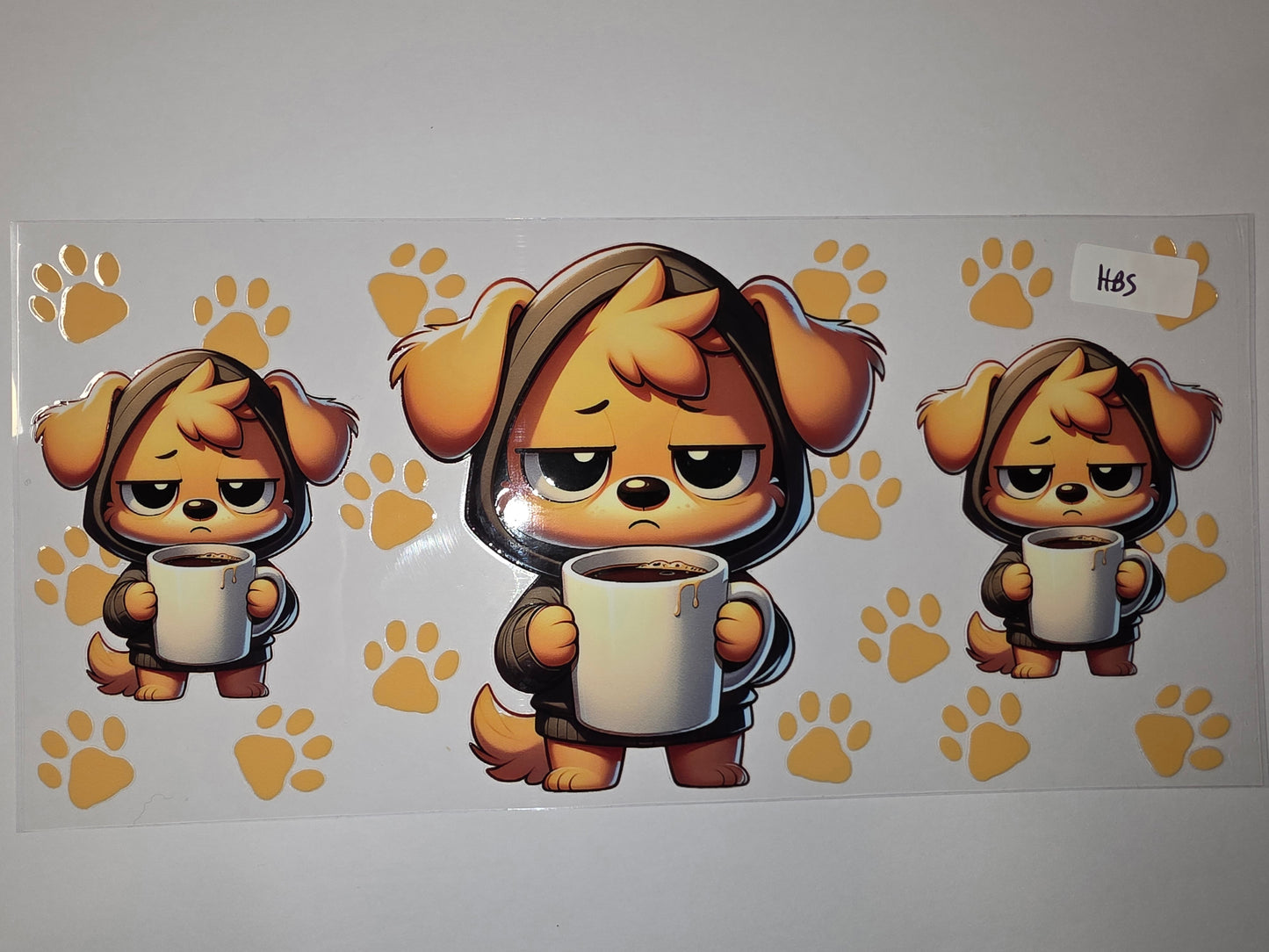 Cute Dog with Coffee Tumbler Wrap - Kawaii Puppy Design, Yellow Paw Prints