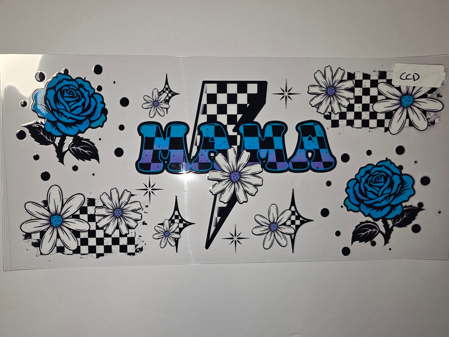 Retro Mama Tumbler Wrap | Blue Roses & Daisies | Checkered Pattern | Sublimation Design