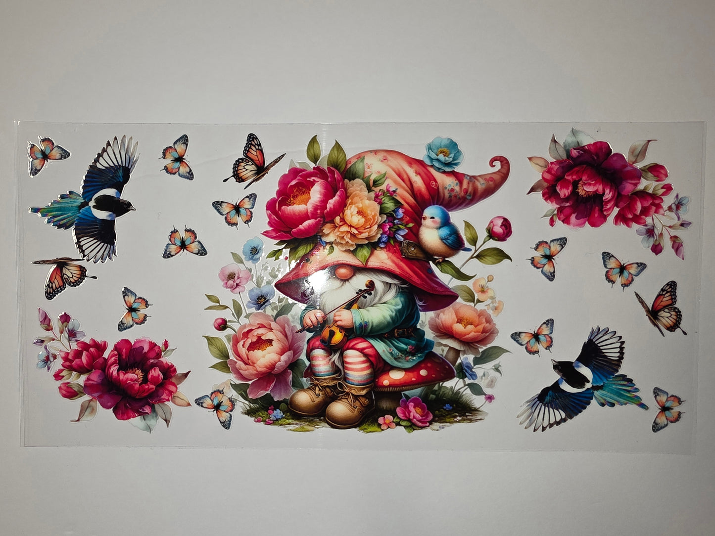 Whimsical Gnome & Flowers Tumbler Wrap | Butterflies & Birds Design | Vibrant Floral Drinkware Decal