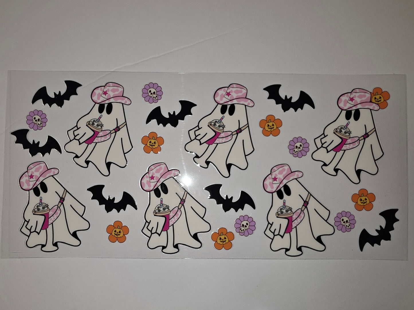Cute Ghost Cowboy Tumbler Wrap | Pink Cow Print & Halloween Vibes
