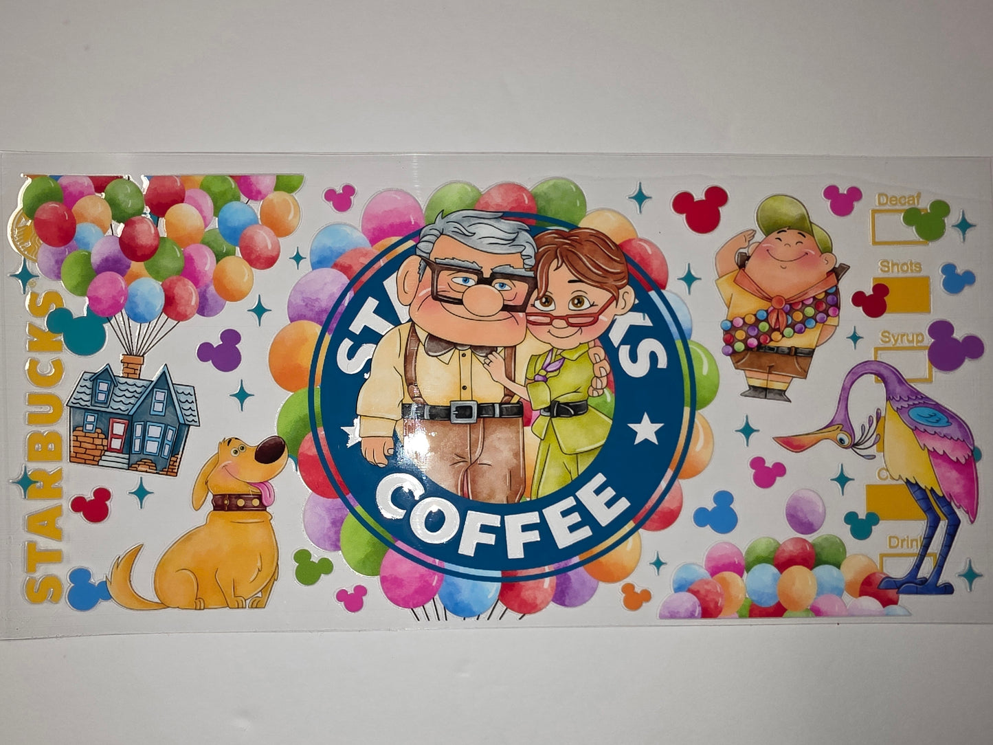 Up Movie Inspired Tumbler Wrap - Carl & Ellie, Dug, Balloons, House, Coffee
