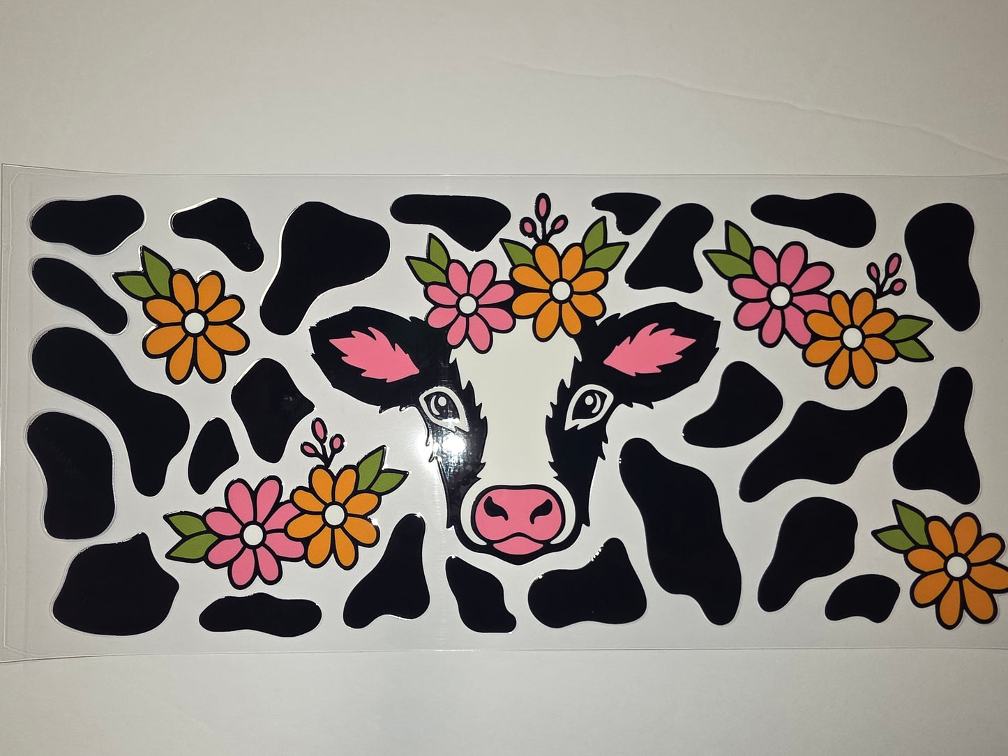 Cute Cow Floral Tumbler Wrap - Black White Pink Orange Flower Design