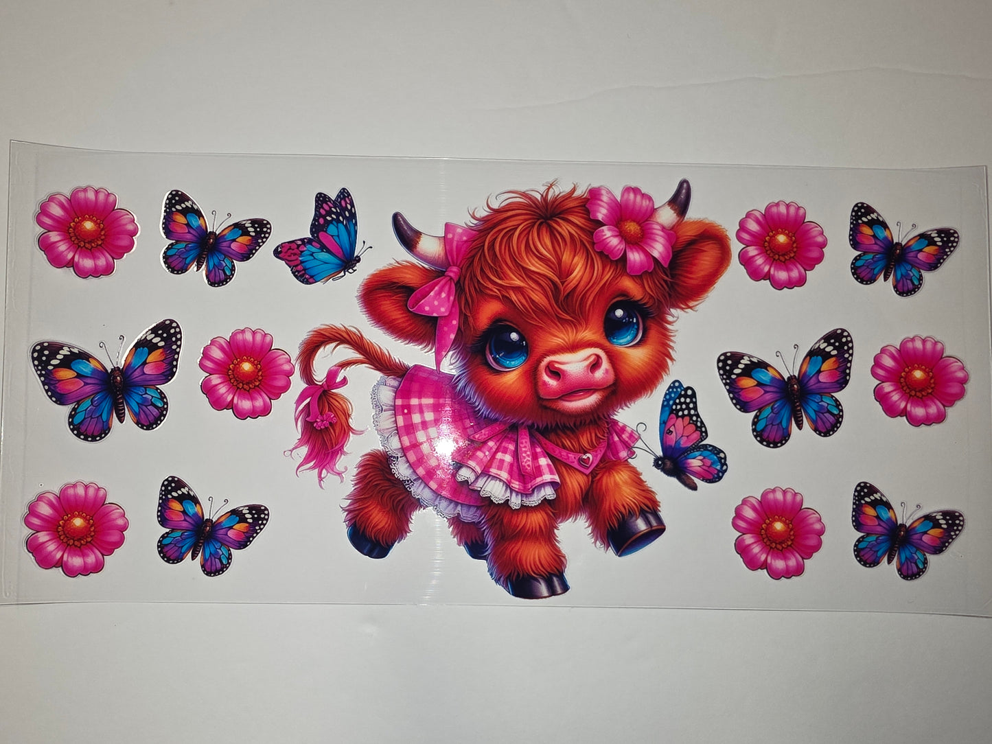 Cute Highland Cow & Butterfly Tumbler Wrap | Pink Floral & Blue Butterfly Design