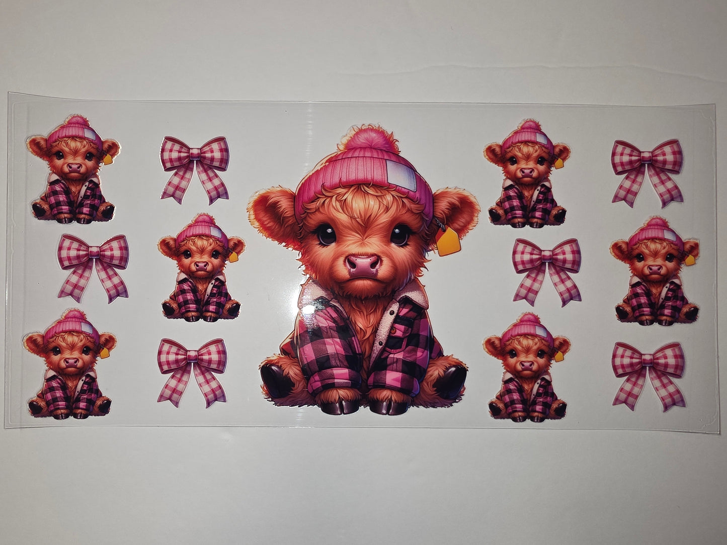 Cute Highland Cow Tumbler Wrap - Pink Plaid & Bows - Sublimation Design